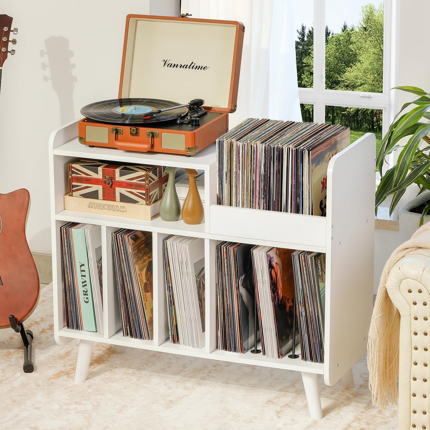 Record Player Stand, Large Record Player Table Cabinet (White) | Record Player Stand with Open Vinyl Storage&Display