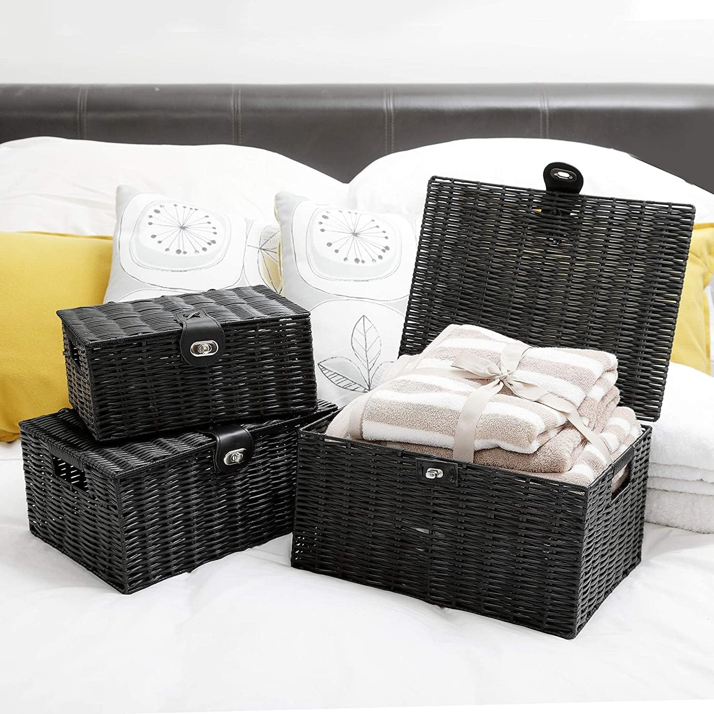 Woven Basket / Wicker Storage Baskets / Black / Set of 3