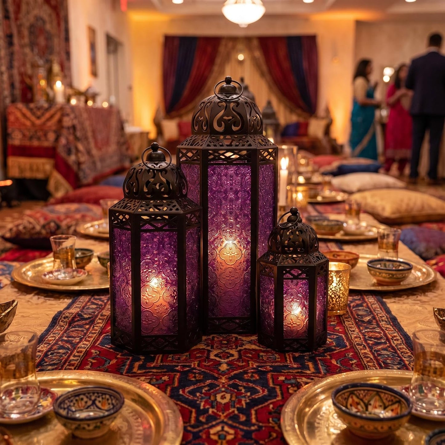 VELA LANTERNS Set of 3 Purple Glass & Black Metal Moroccan Candle Lantern Holders (XL, Large, Small) - Decorative