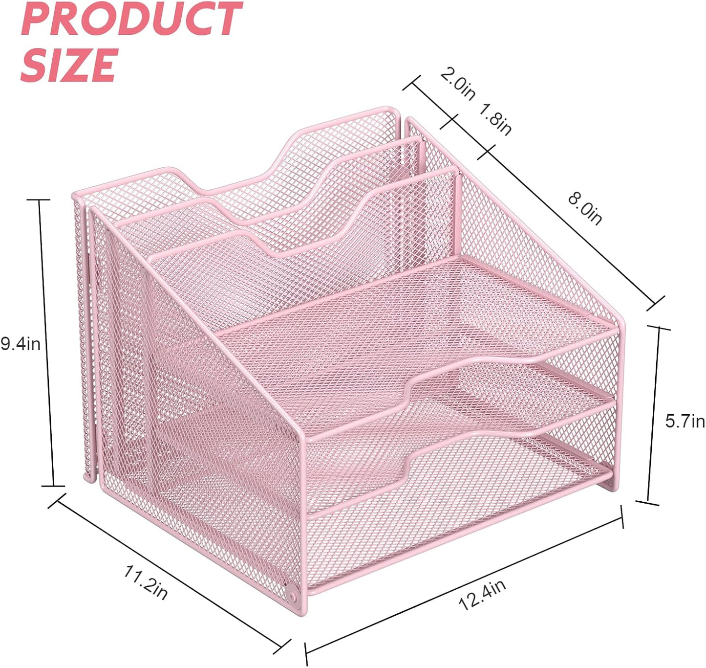 Samstar Pink Desk File Organizer, Mesh Letter File Folder Holder with 3 Paper Trays and 2 Vertical Upright Section, for
