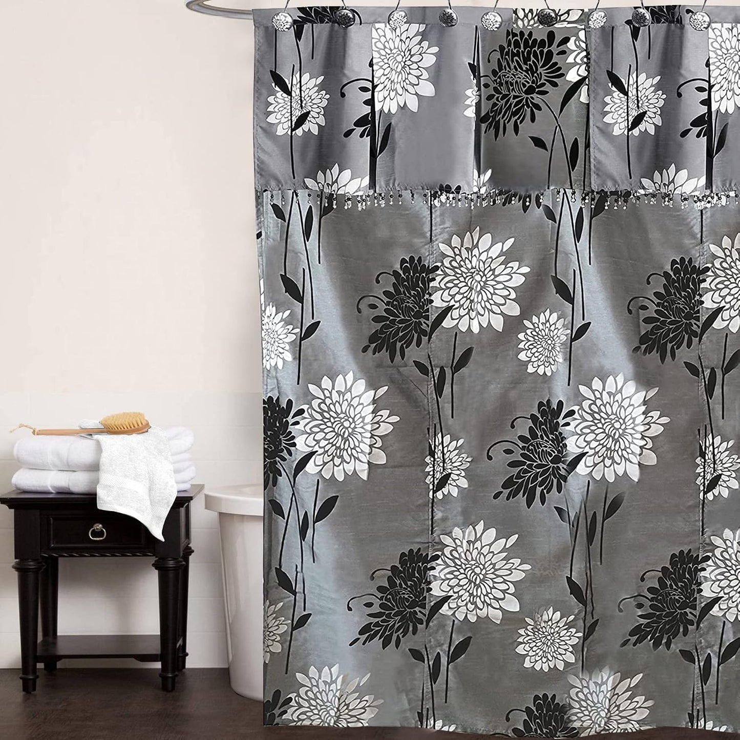 Zahari Home 13pc Erica Bathroom Fabric Shower Curtain Sets Bathroom Shower Curtain & 12 Shower Bathroom Hooks Modern