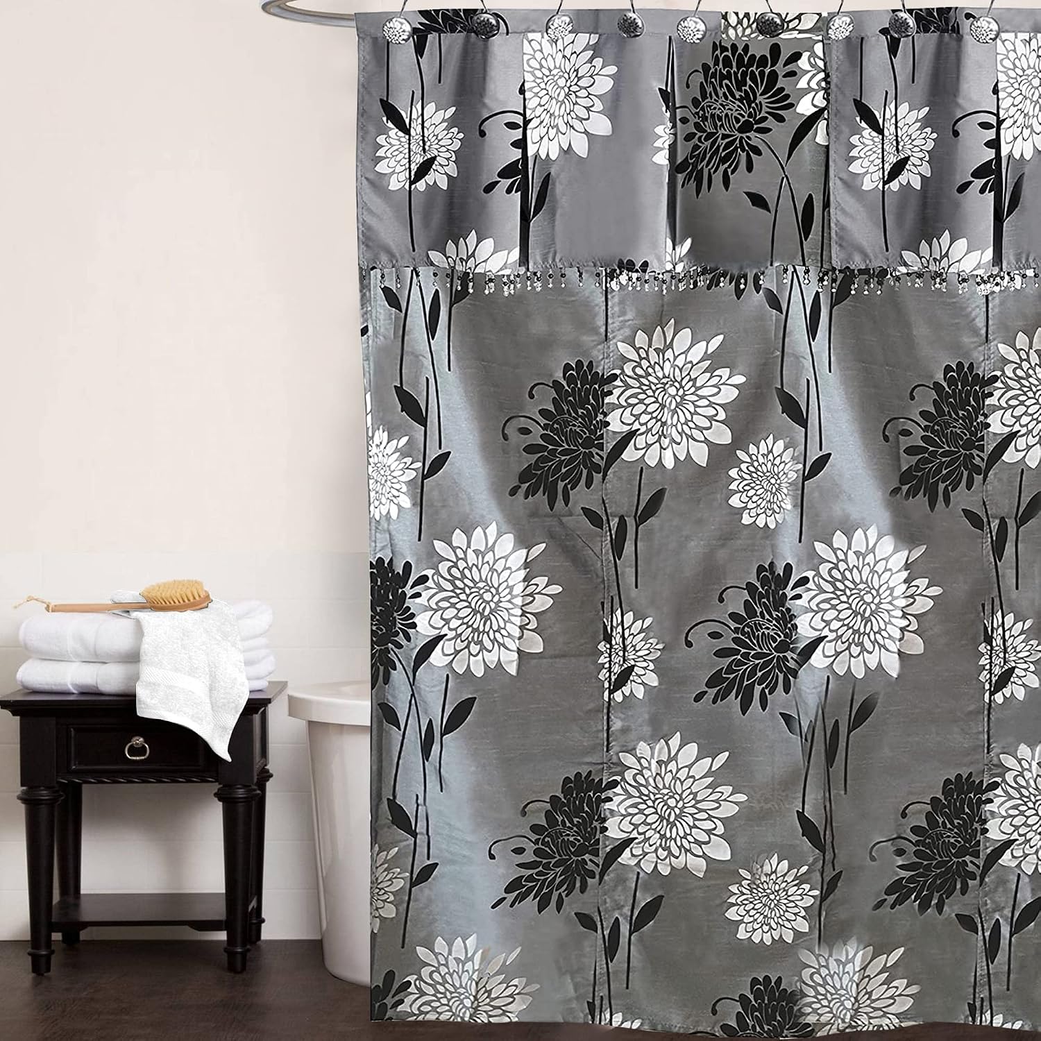Zahari Home 13pc Erica Bathroom Fabric Shower Curtain Sets Bathroom Shower Curtain & 12 Shower Bathroom Hooks Modern