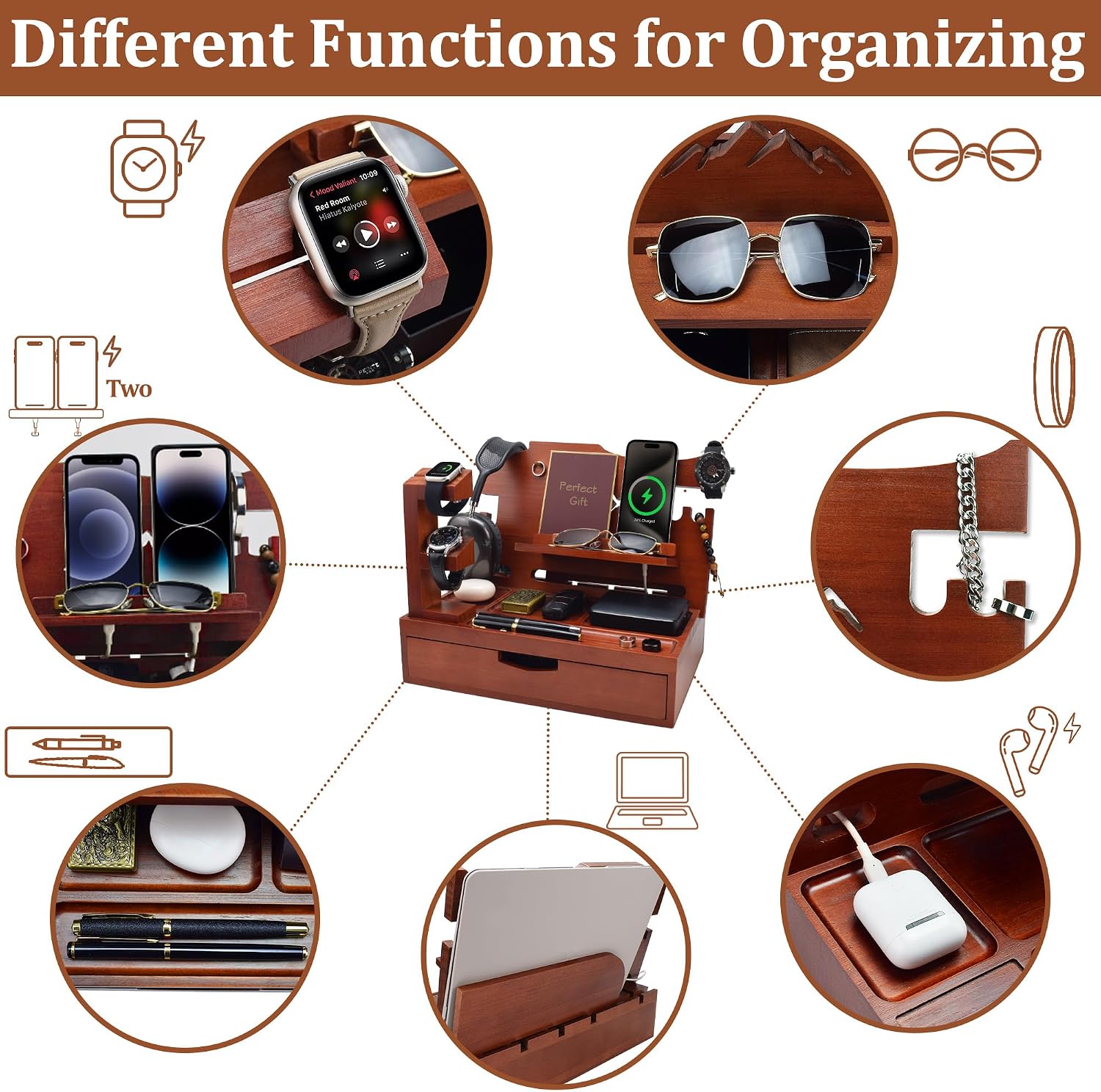 Nightstand Organizer for Men with Large Drawer, Wood Phone Docking Station for Phone, Apple Watch, Wallet & Keys, Ideal