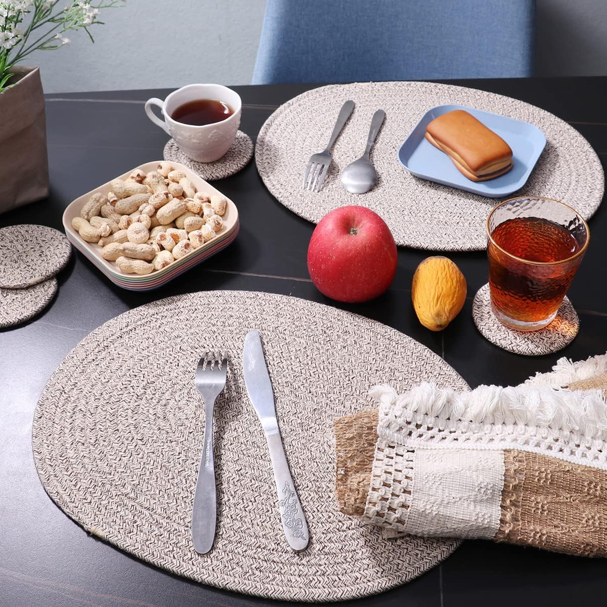 6 Pack Woven Placemats Fabric Tablemats, 12x16 inches Plate Chargers Cotton Weave Placemat Oval Braided Rattan