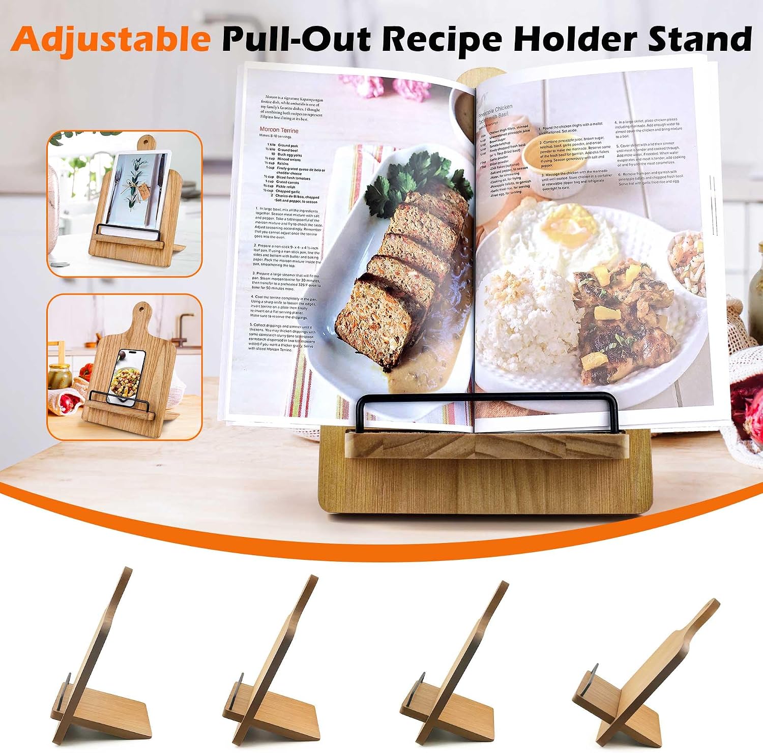 Brown Wood Cookbook Stand Holder: Adjustable Rest for Kitchen Counter | Counter top Cooking, Holds Thick Books, Fits