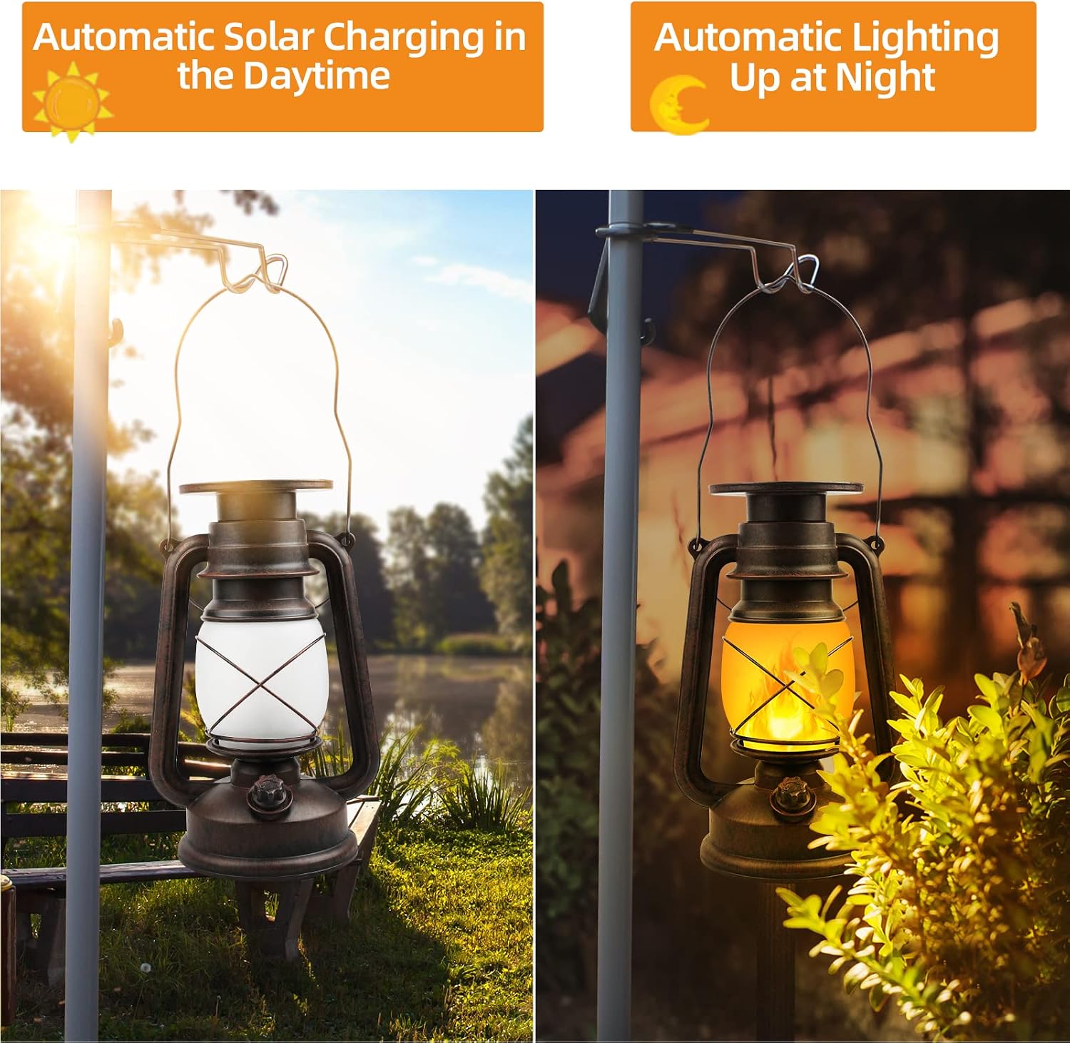 Outdoor Waterproof Solar Lanterns, 2 Pack Vintage Flickering Flame LED Hanging Lights with Auto On/Off, Rustic