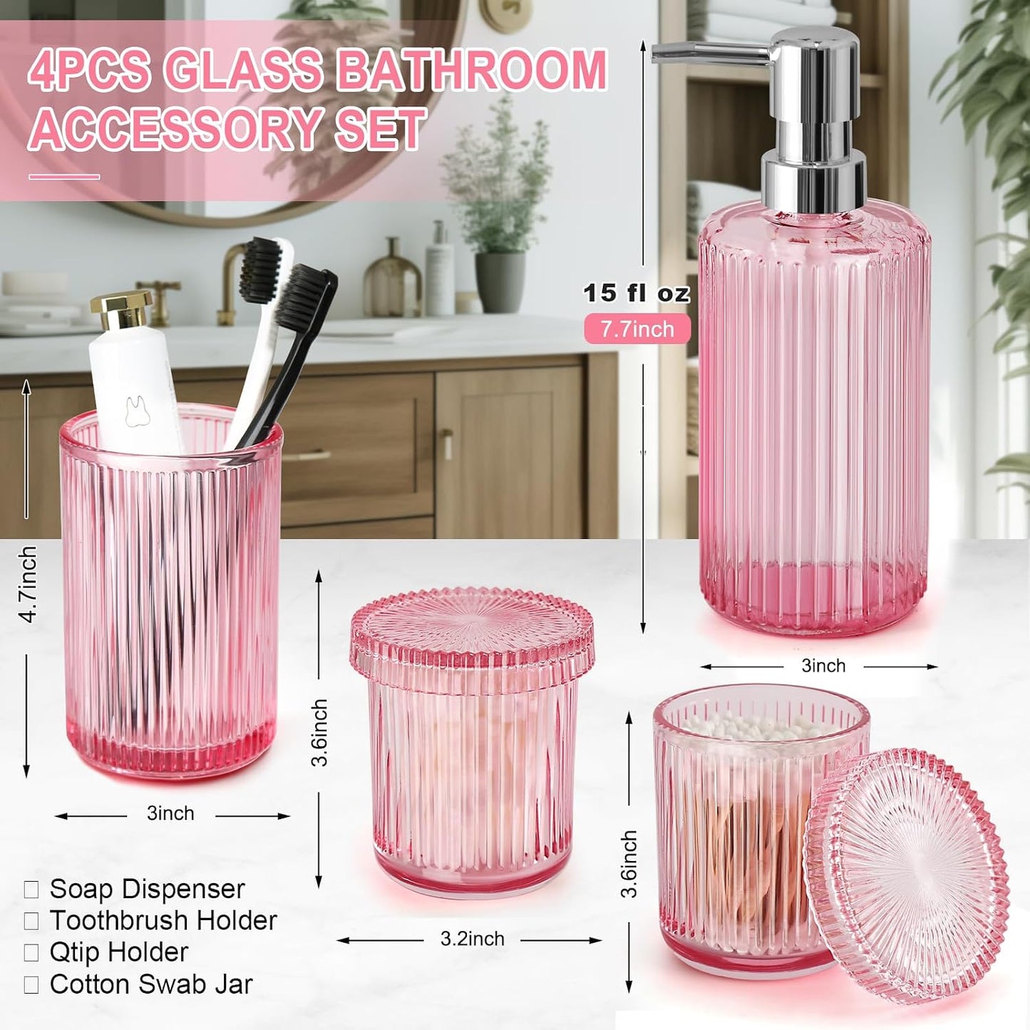 Pink Bathroom Accessories Set, 4 Pcs Glass Bathroom Accessory Set, Pink Soap Dispenser and Toothbrush Holder Set, Qtip