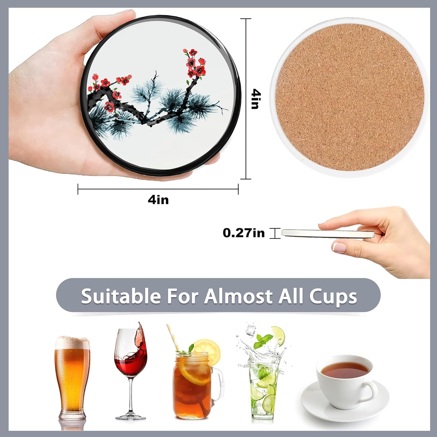 Holder / Absorbent Ceramic Coasters / Japanese Cherry Blossom and Fujiyama Mountain / Set of 6