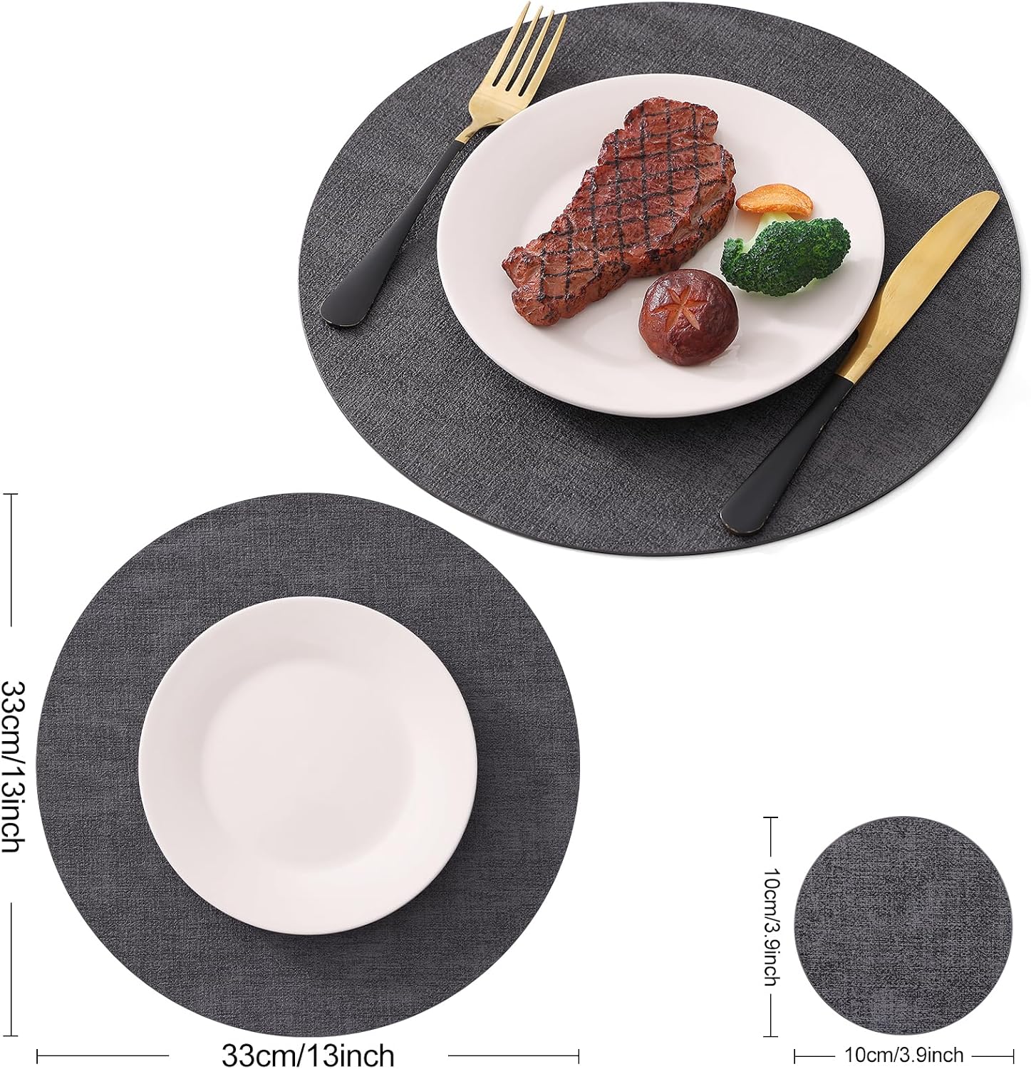 Homaxy Round Faux Leather Placemats and Coasters, Set of 4, Dark Grey | Washable Dual-side Table Mats, Wipeable Place