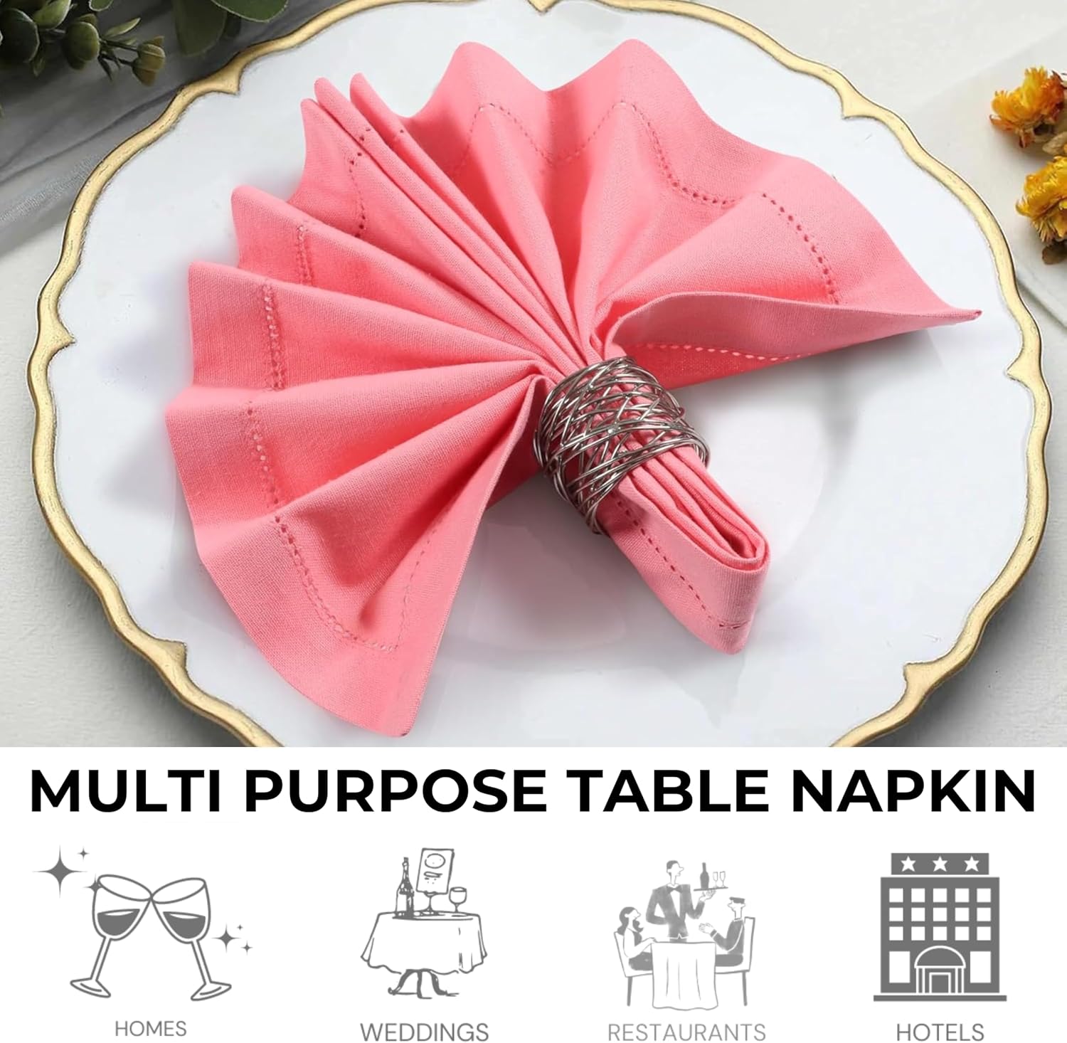 Bedding Craft Cotton Cloth Dinner Napkins Set of 12 – 18x18 Dianthus Pecan Hemstitched – Reusable Machine Washable