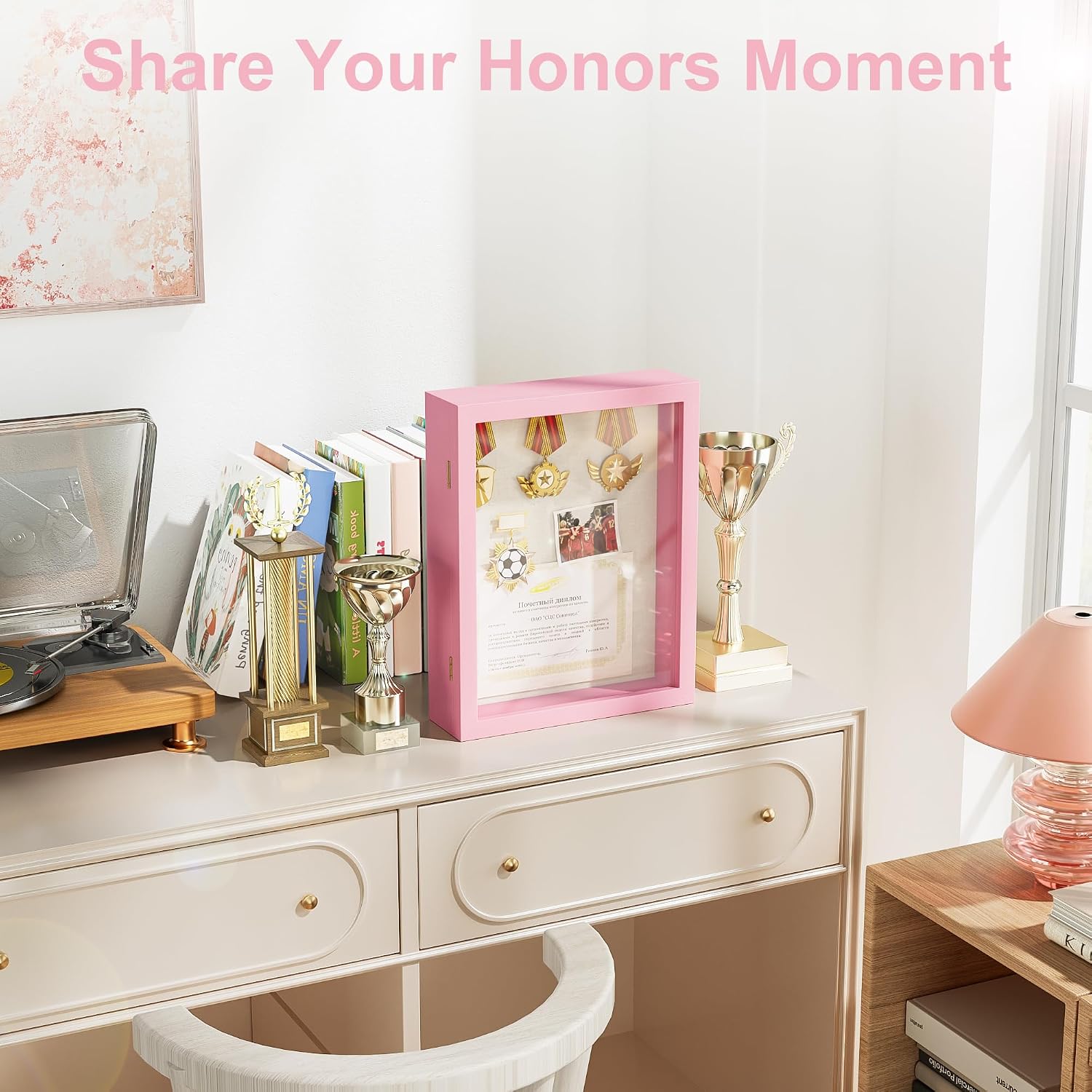 Love-KANKEI Deep Large Shadow Box 11x14,Solid Wood Frame,Memory Box,Pink | Front-Opening Glass Magnetic Door,Linen