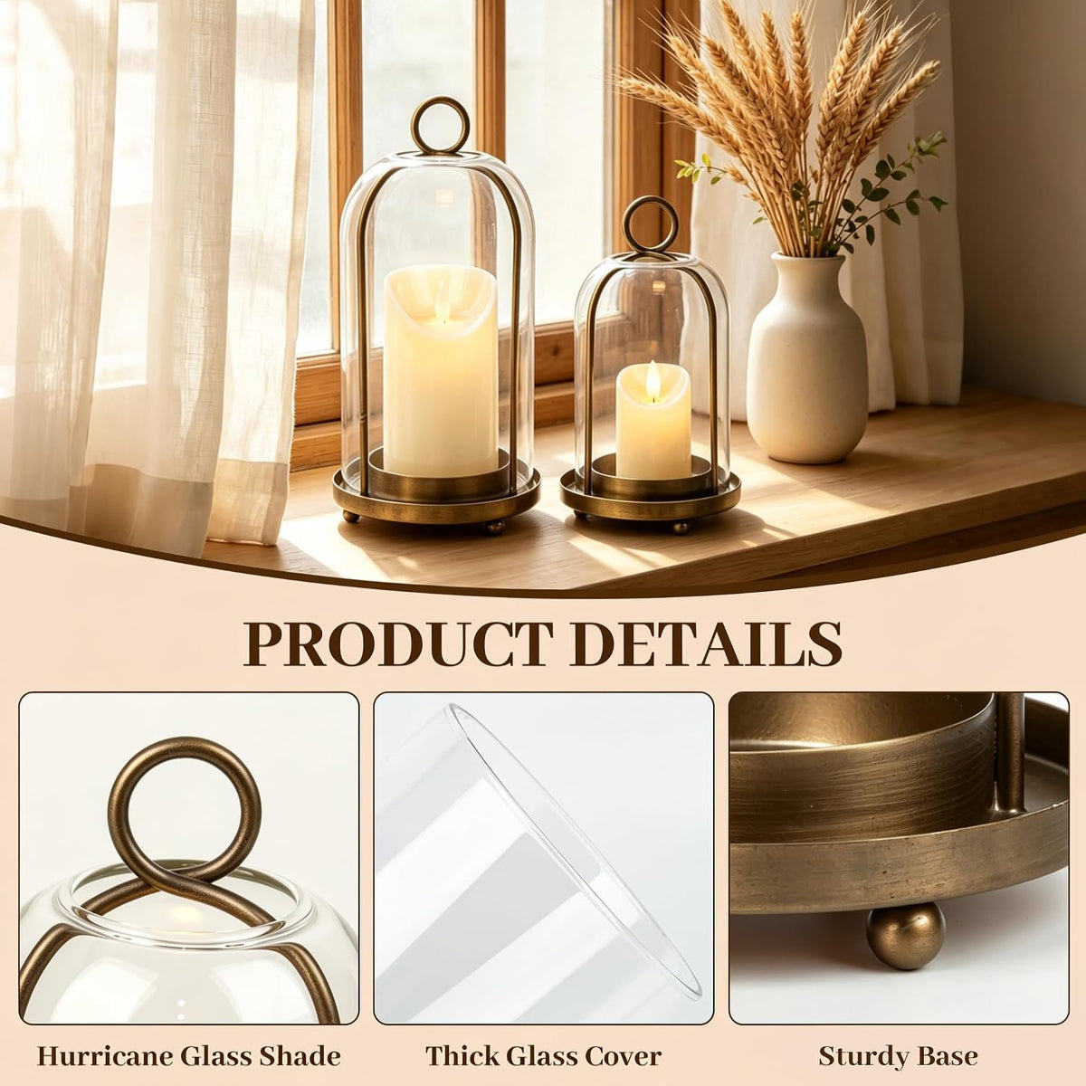 Glass Hurricane Candle Holder Decorative Gold Candle Lantern | Pillar Candlestick Holders Set of 2, Hanging Metal