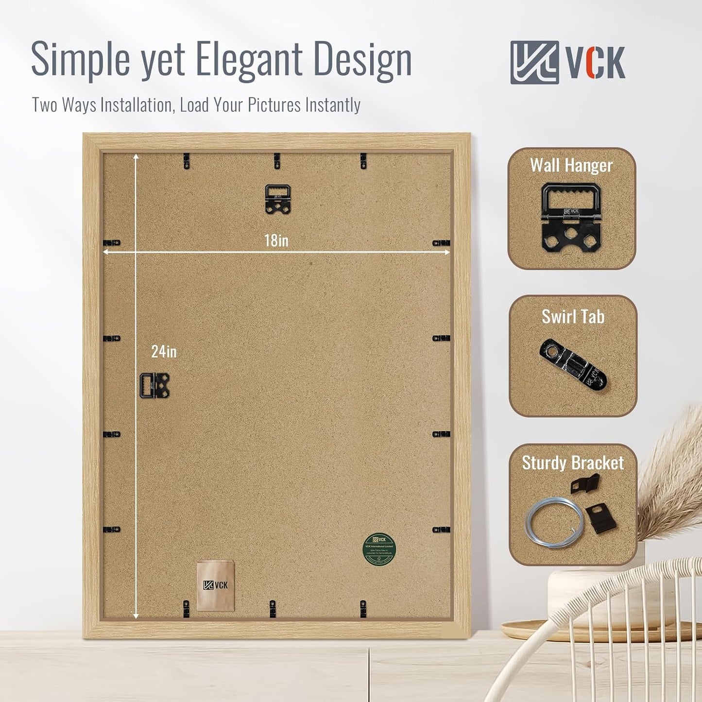 VCK 18x24 Frame Oak 4 Pack, Wide Thick Wood Border, for Prints | Exclusive Woodgrain, Wall Hanging, HD Plexiglass