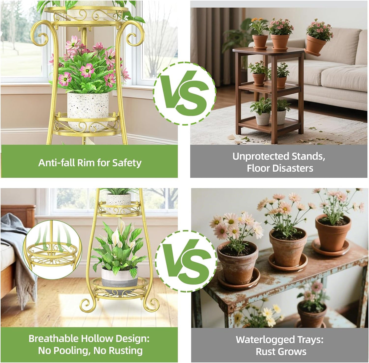 iDavosic.ly 3 Tier Tall Metal Plant Stand Outdoor Indoor, 34 Inch, Gold | Corner Flower Pot Holder Shelf, Wrought Iron