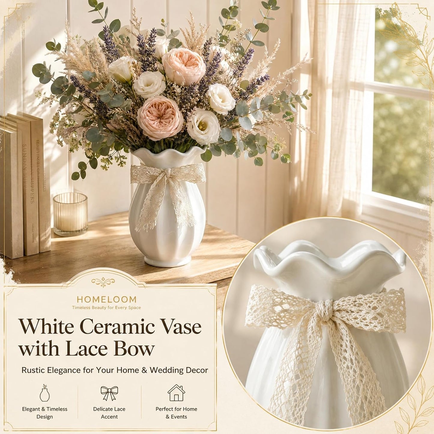 Ceramic Flower Vase / White / 7.5 Inch