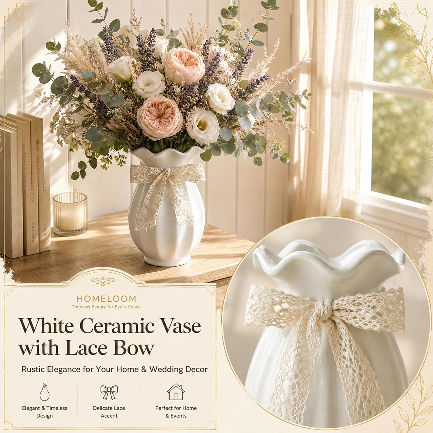 Ceramic Flower Vase / White / 7.5 Inch