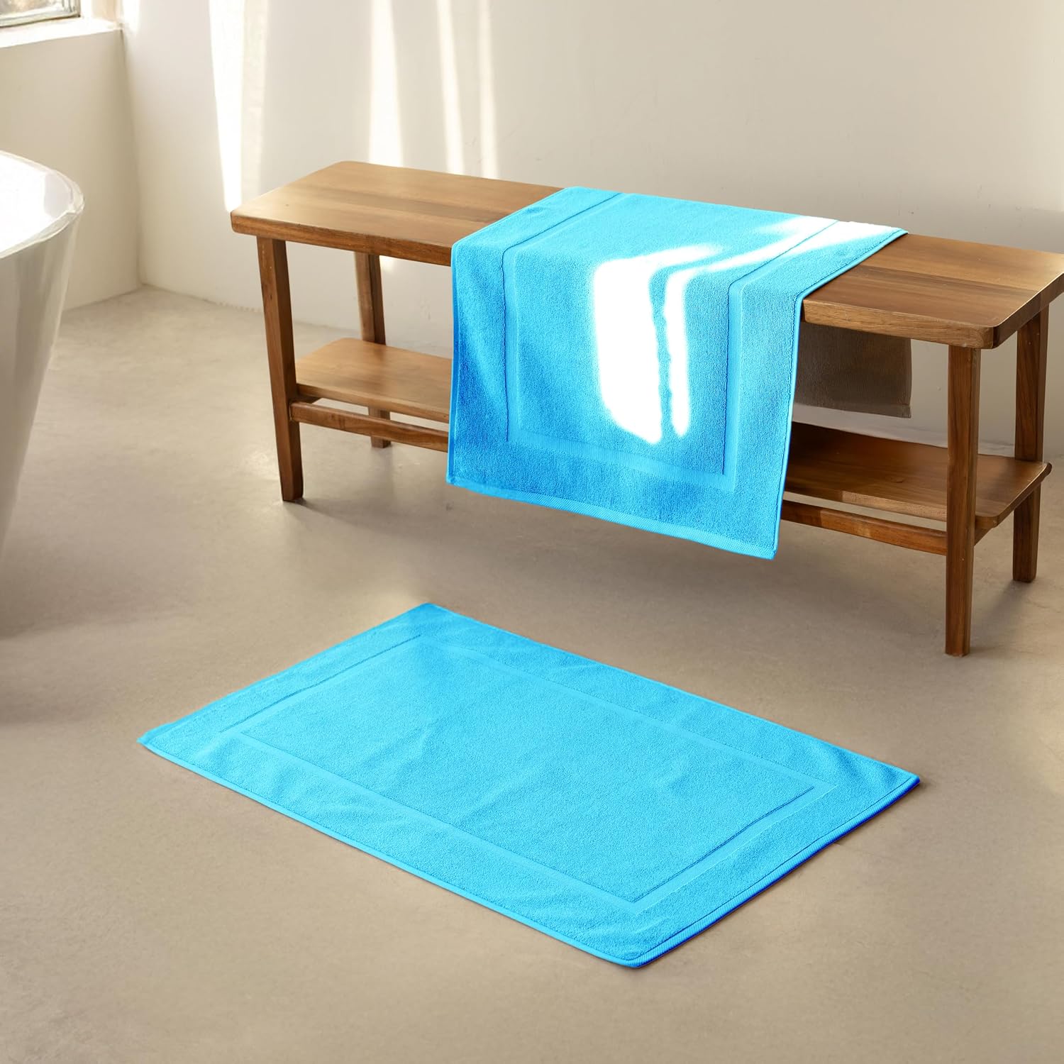 SALBAKOS 2-Piece 100% Turkish Cotton Bath Mat Towel, 20x34 inch, Aqua | Bathroom Floor Towels, Thick Soft Most