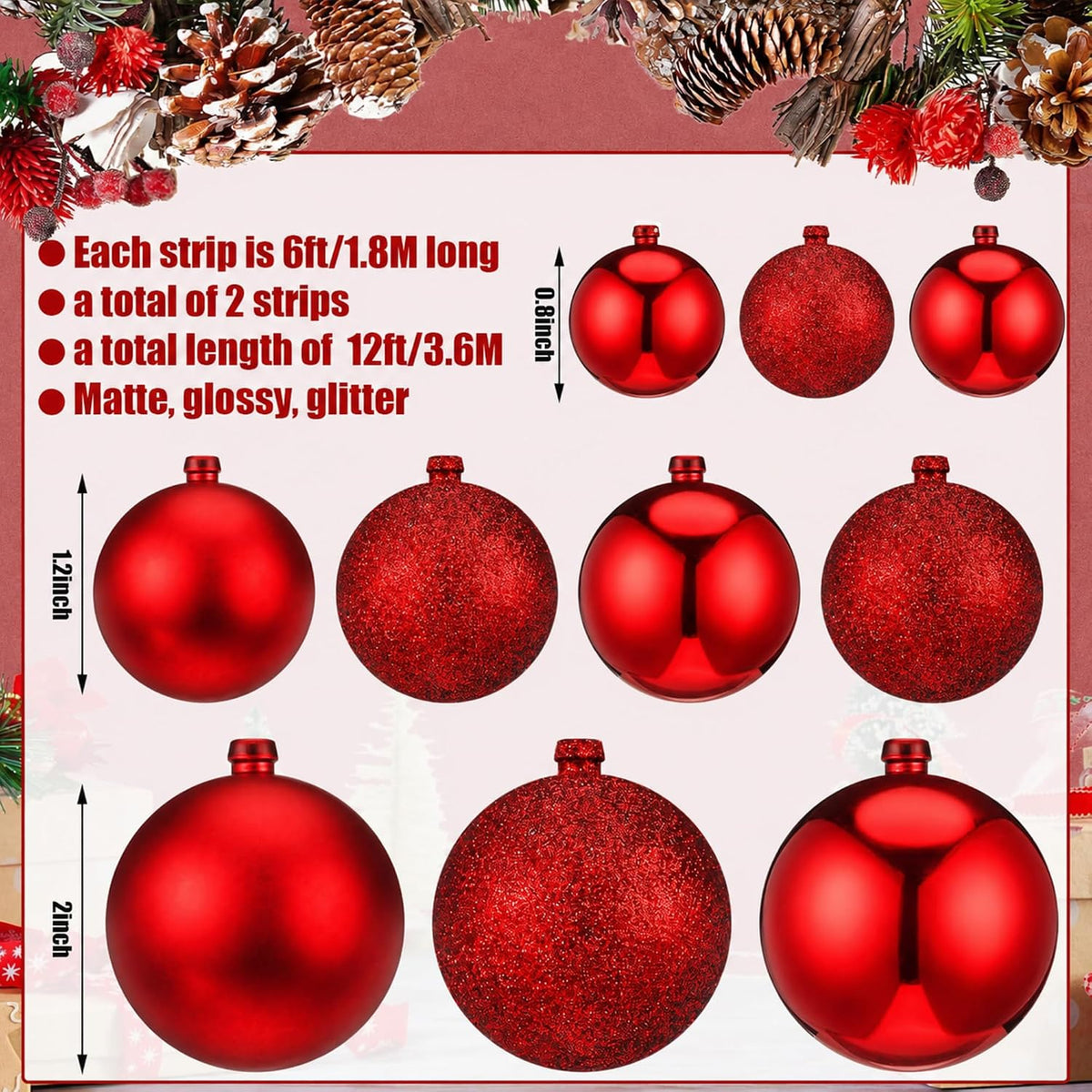 2 Pcs 6 ft Christmas Ball Ornament Garland, Mixed Red | Ball Ornament, Christmas Bulb Garland, Xmas Tree Bauble