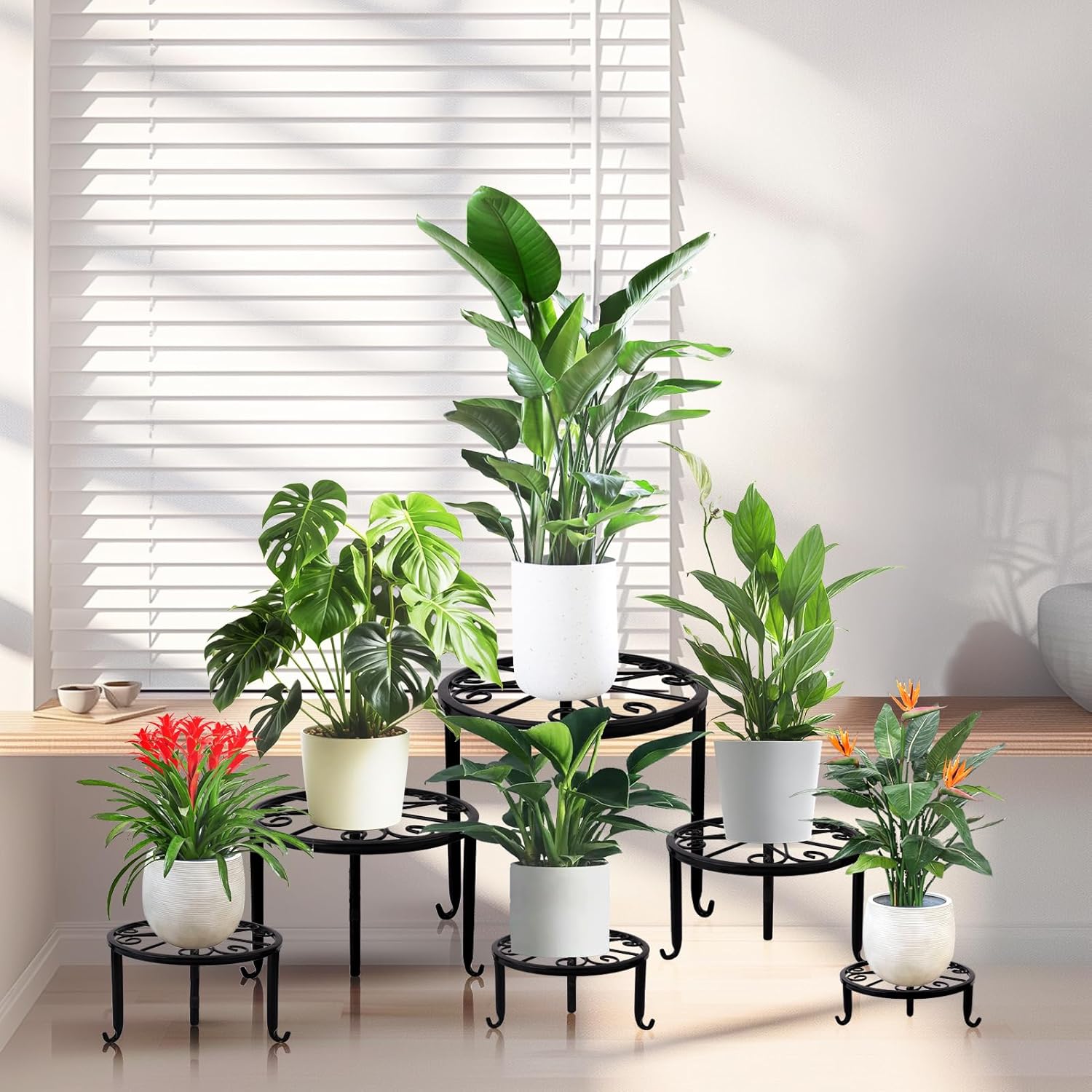 6-Pack Metal Plant Stand,Heavy Duty Flower Pot Stands for Multiple Plant,Outdoor Anti-Rust Plant Pot Shelf, Round Plant
