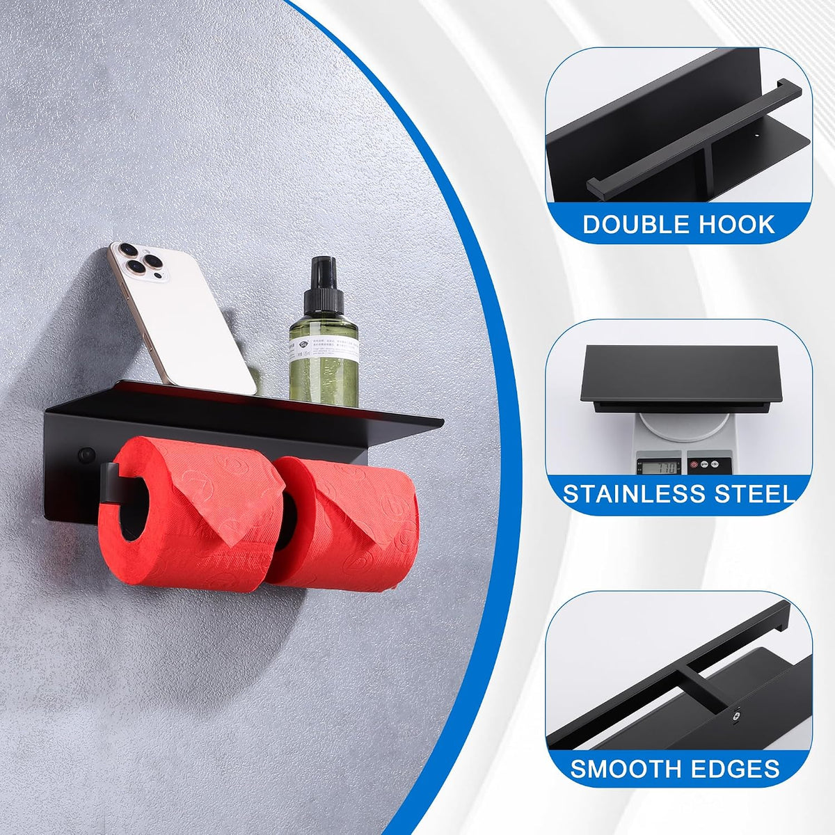 LANC Double Toilet Paper Holder with Shelf, Matte Black Commercial Toilet Tissue Roll Dispenser with Phone Shelf