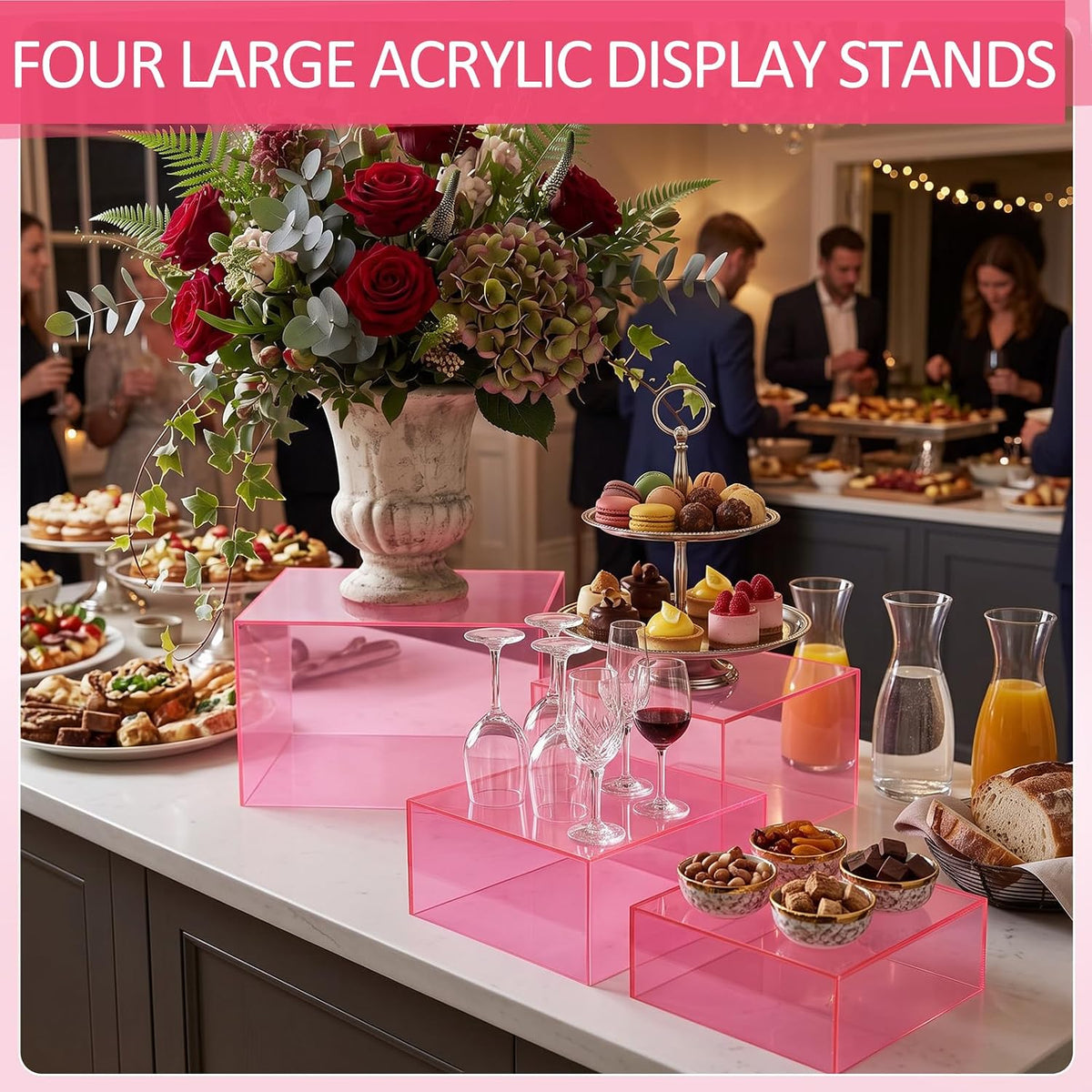 8 Pack Acrylic Buffet Display Risers for Food Jewelry,Pink,Flat | 3-10 Inch Cube Boxes with Hollow Bottoms, Clear