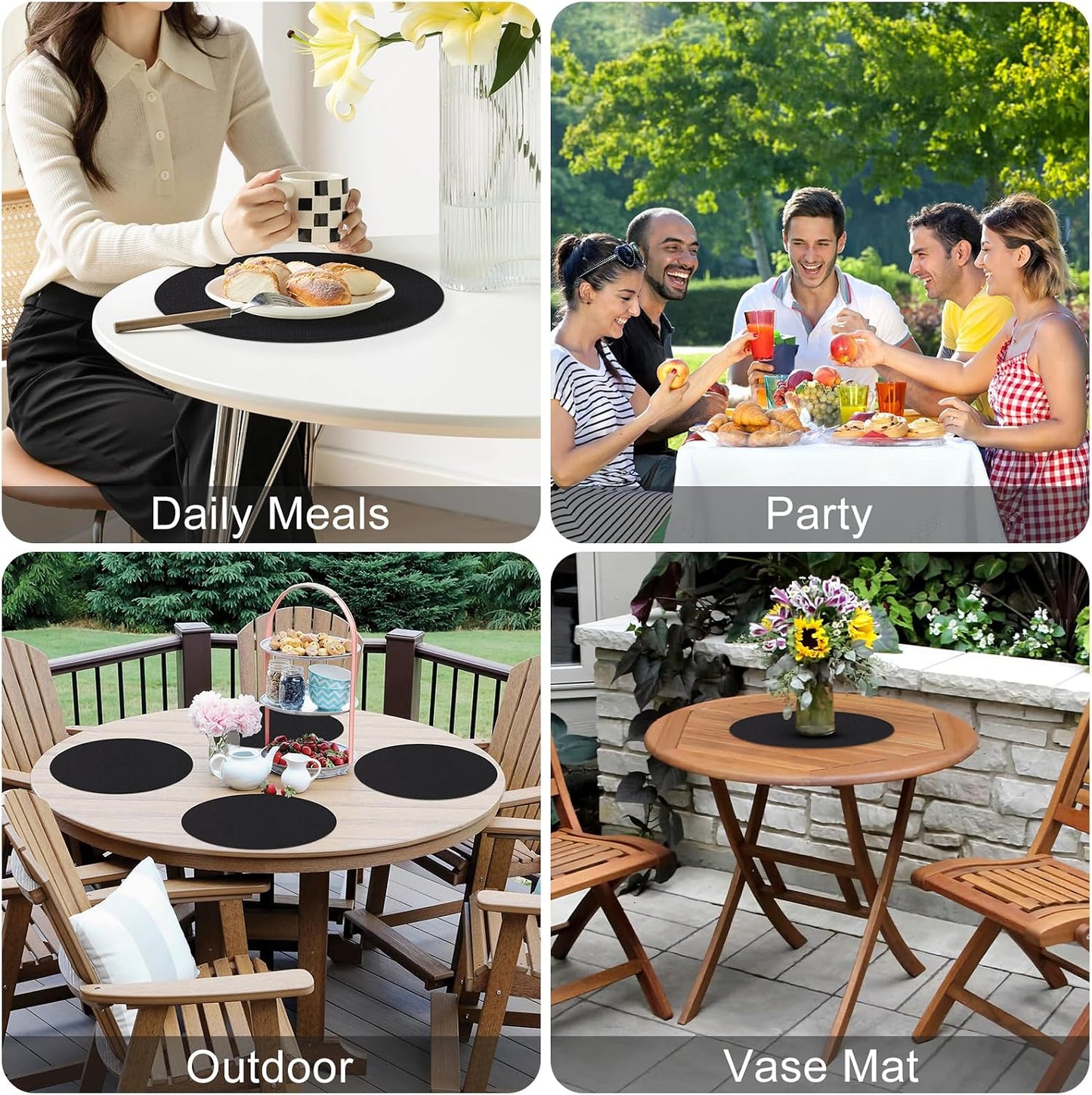 Homaxy Round Faux Leather Placemats and Coasters, Set of 8, Black | Washable Dual-side Table Mats, Wipeable Place Mats