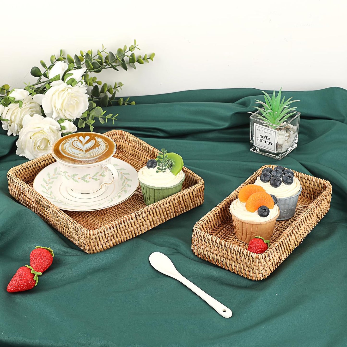 Key Basket Tray for Entryway Table Rattan Serving Tray Handwoven / 8.1 x 8.1 x 1.4 / Natural Color