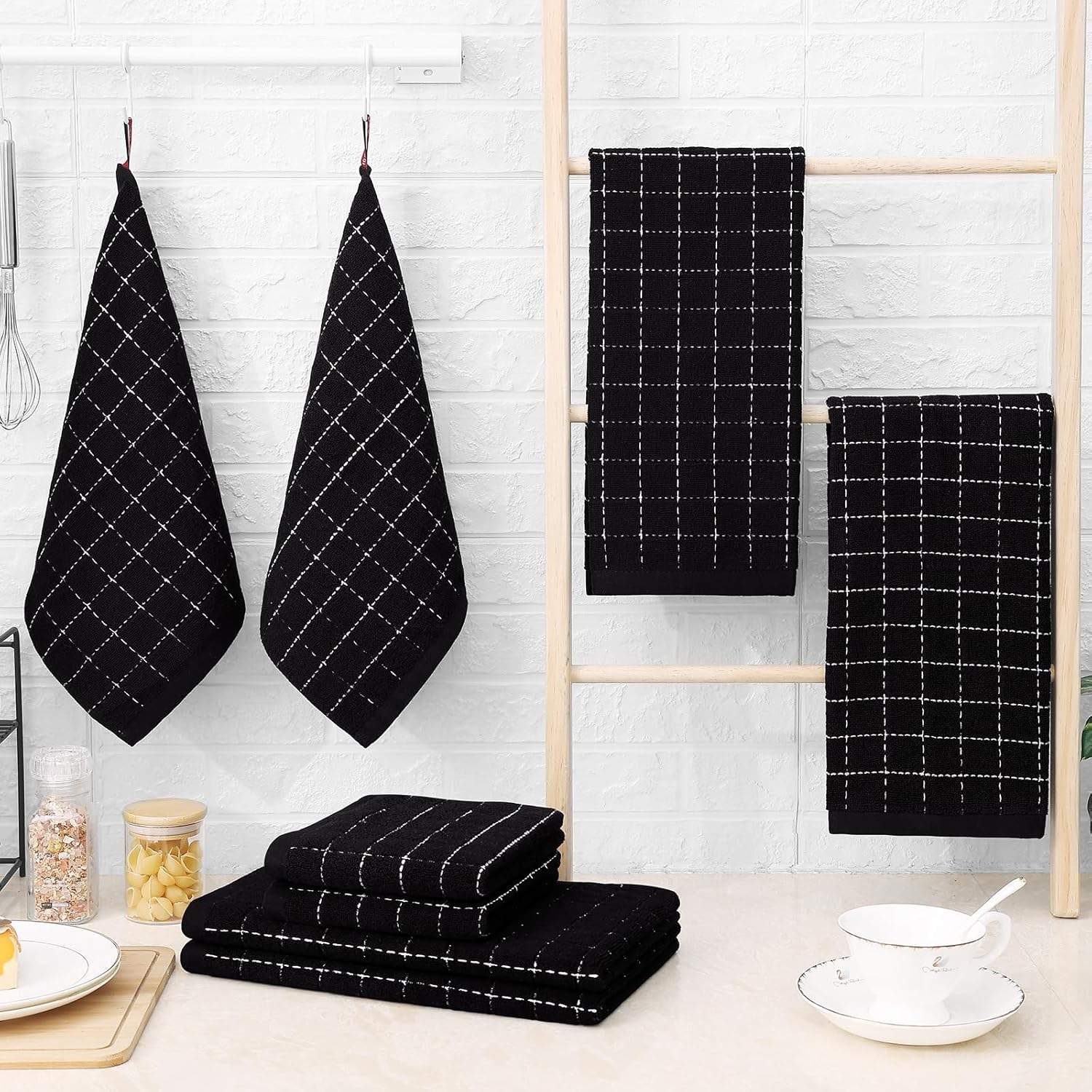 Homaxy Kitchen Towels and Dishcloths Set, Set of 12, Black | Bulk Cotton Terry Kitchen Towels, Checkered Designed, Soft