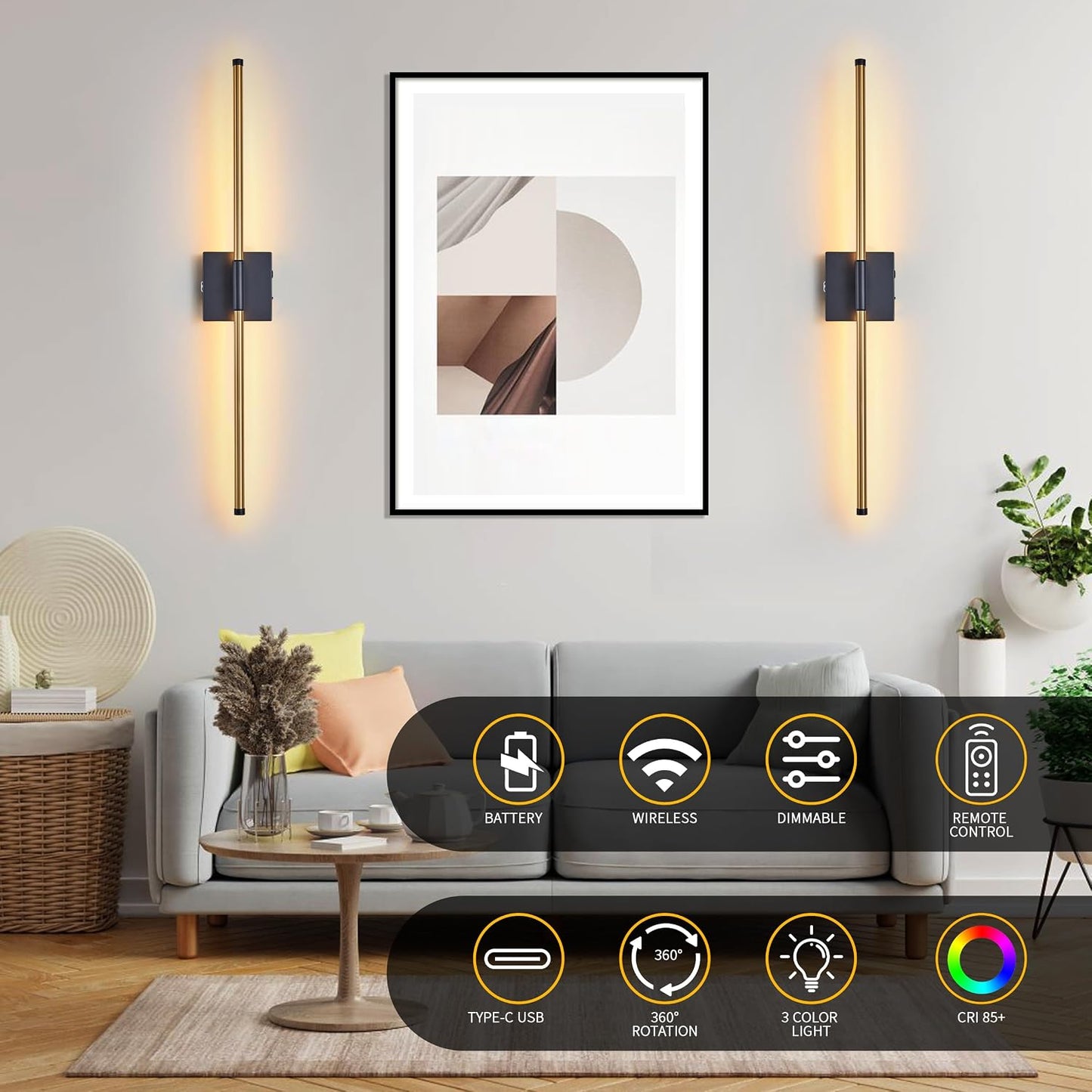 15800 mAh Battery Operated Wall Sconces with Remote Control Dimmable Wall Sconces Set of Two 3000K LED Brass Gold and
