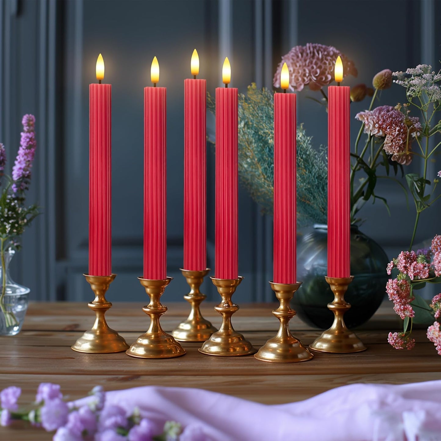 10" Fluted Ribbed LED Red Grooved Pillar Candles, Remote & 24h Timer Memory, On/Off Switch - Flameless Dimmable Battery