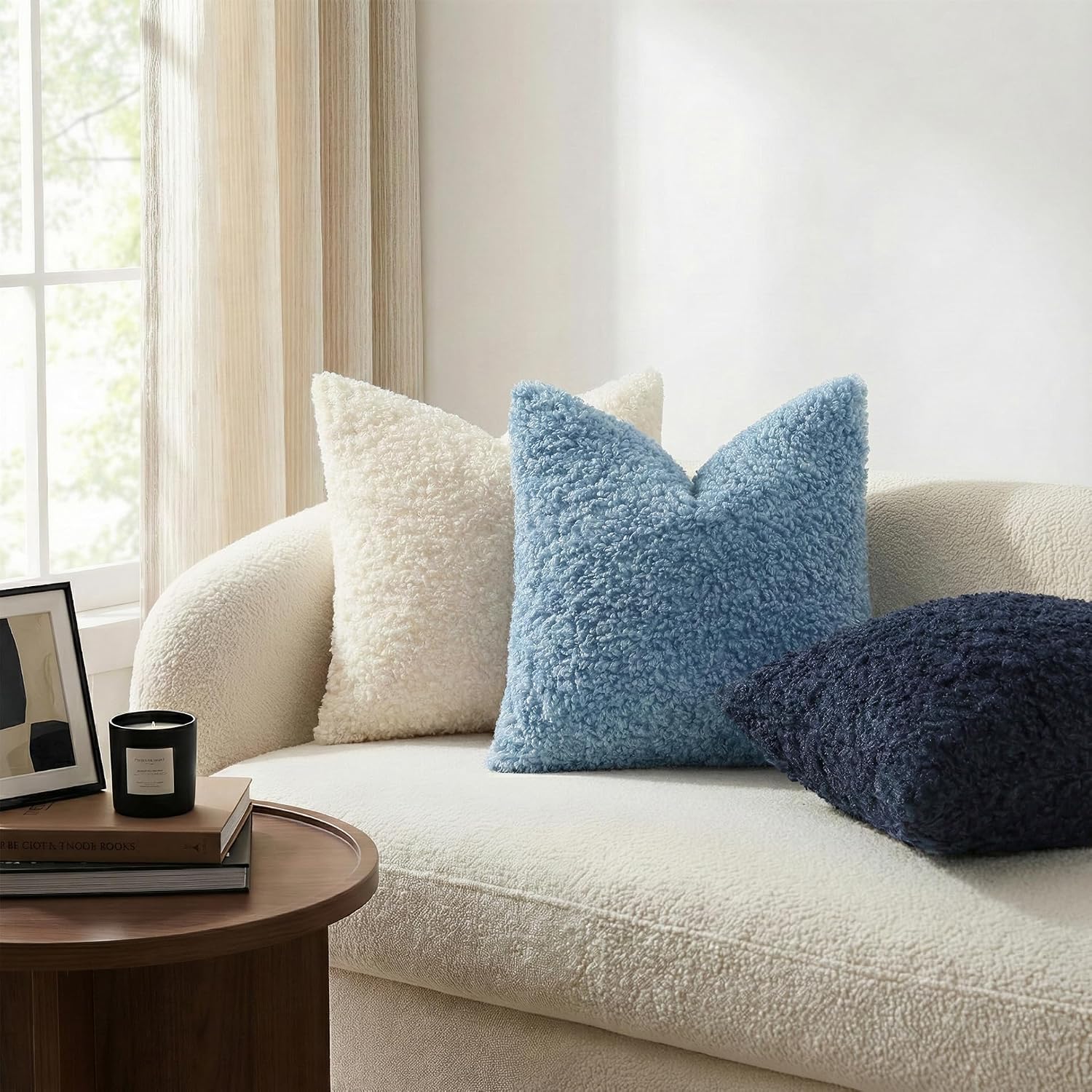 Faux Fur Decorative Sherpa Pillow Covers Fuzzy Accent Soft / Light Blue / 20 x 20 / Set of 2
