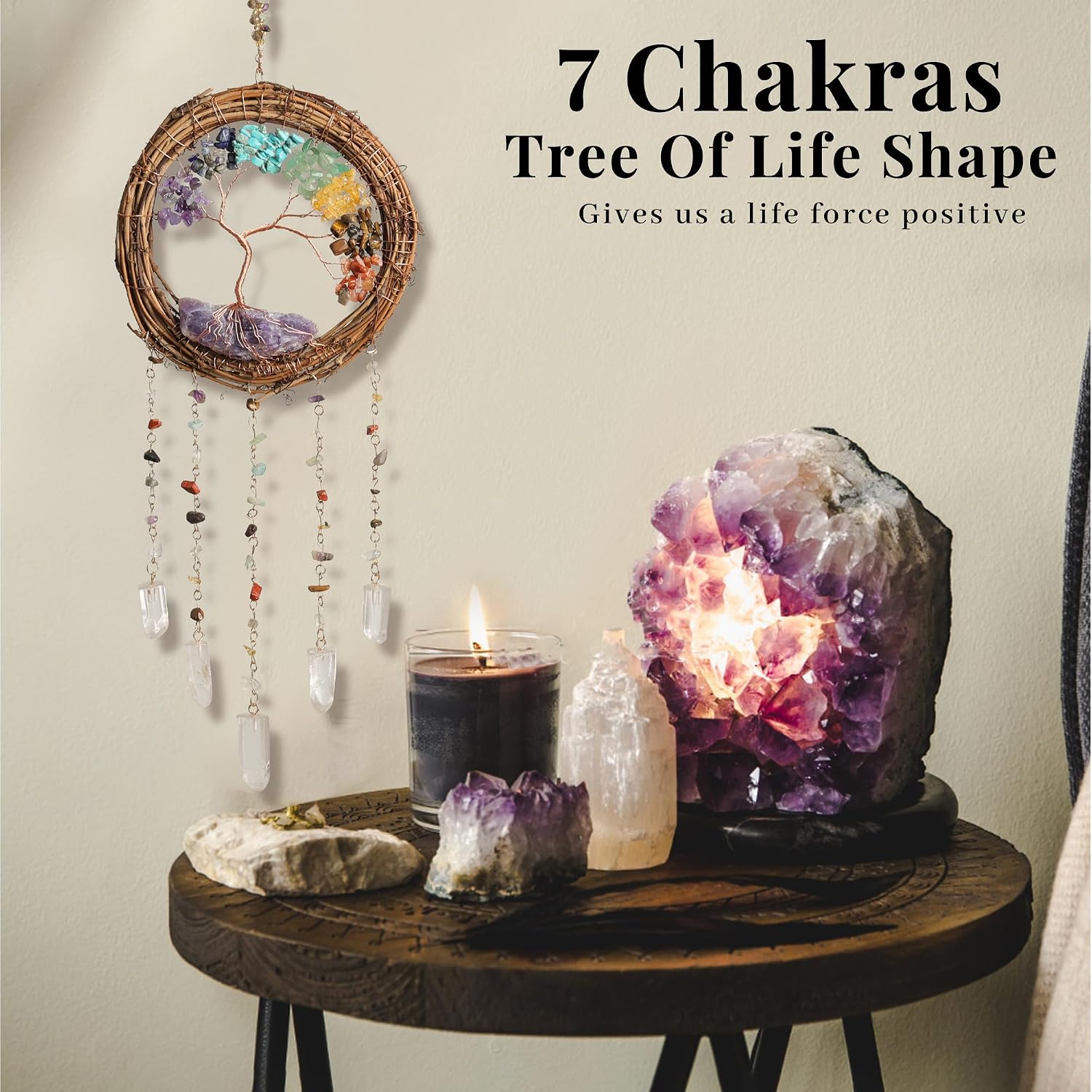 7 Chakra Tree of Life Dream Catcher Native Boho Dreamcatcher Rattan Wall Decor / Rattan-crystal