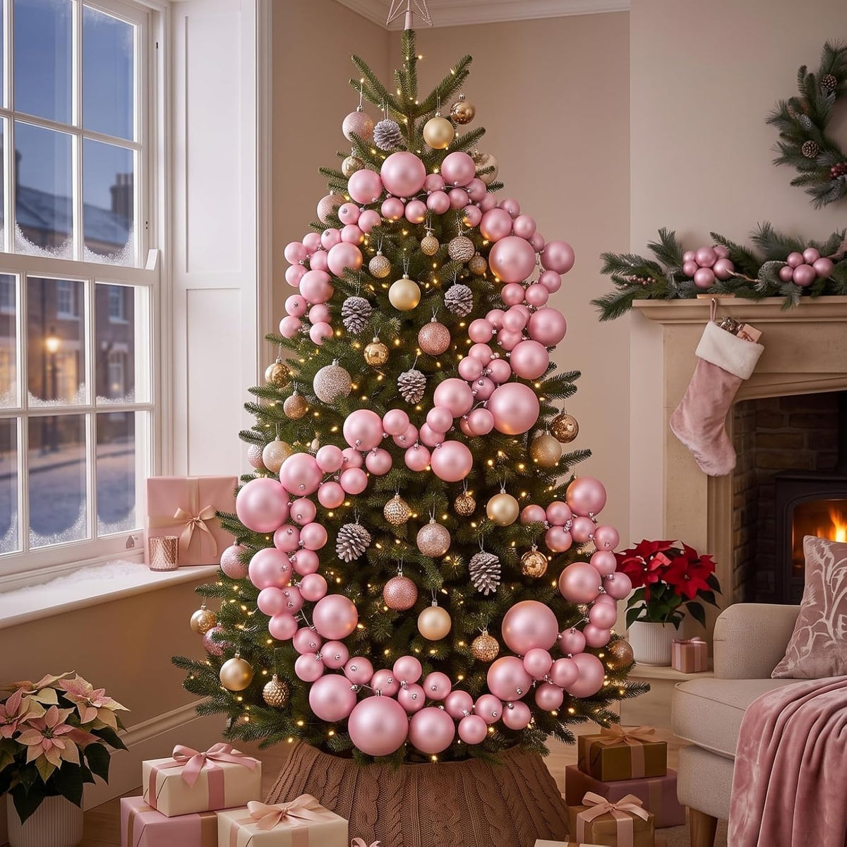 9 ft Christmas Ball Garland Ornaments Large Pink Hanging Shatterproof Xmas Balls Decorations for Home Indoor Outdoor