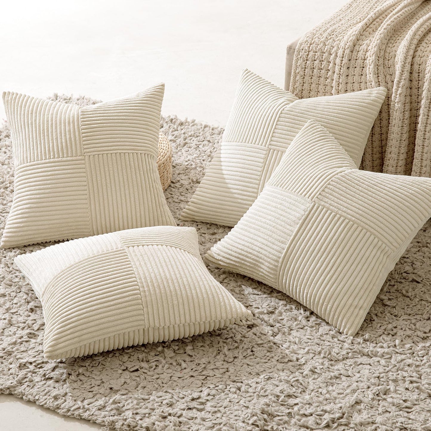 Throw Pillow Covers Boho Patchwork Cushion Cases Modern Farmhouse / 18 x 18 / Beige / Set of 4