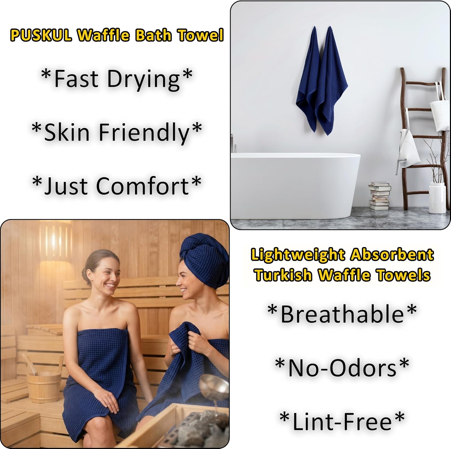 PÜSKÜL Natural 100% Turkish Cotton Waffle Bath Towels Set of 2, Extra-Large | Navy Blue, Oversize 32x63" Bath sheet
