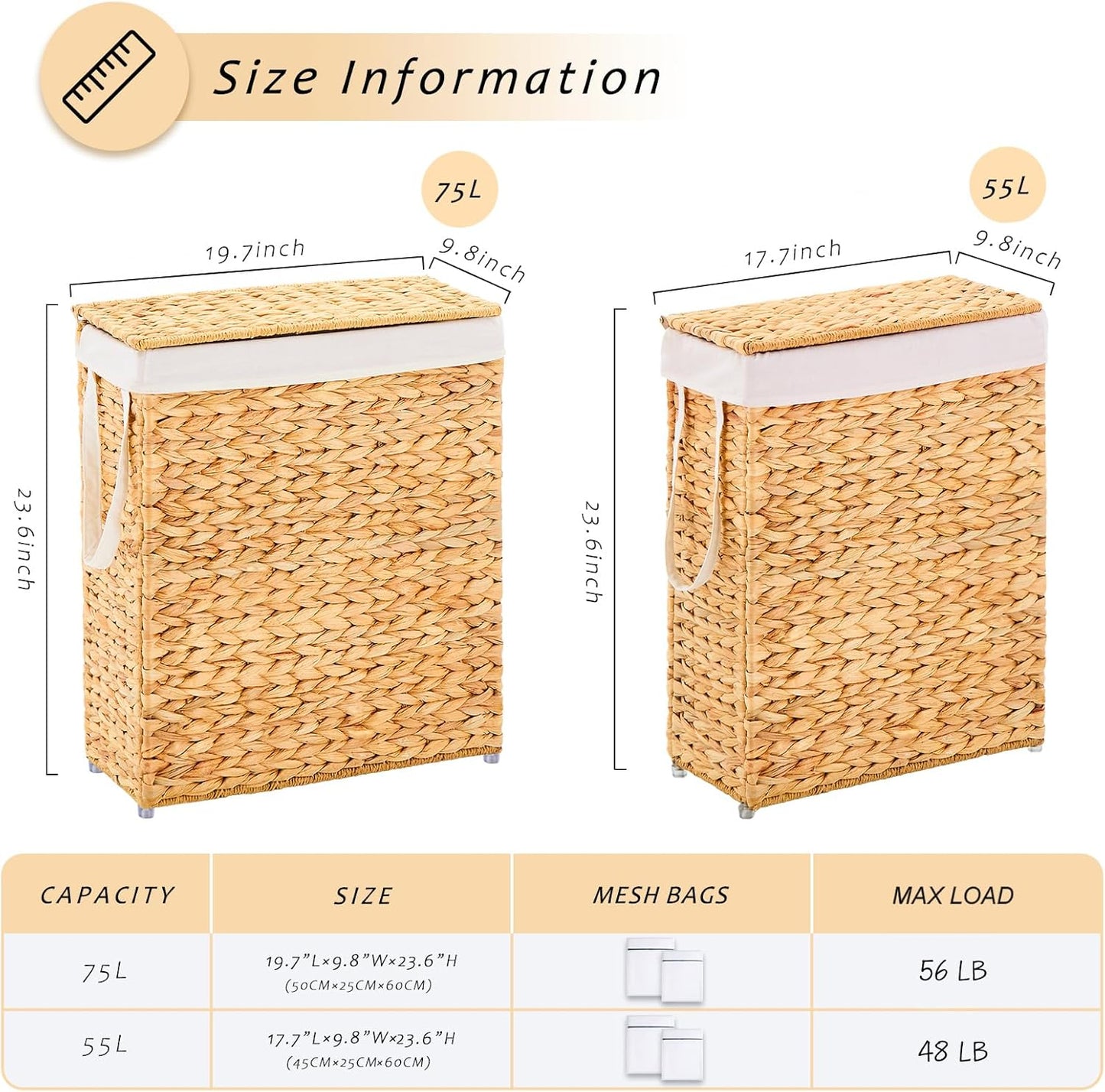 Narrow Wicker Laundry Basket / Hyacinth with Lid / 75L / Natural