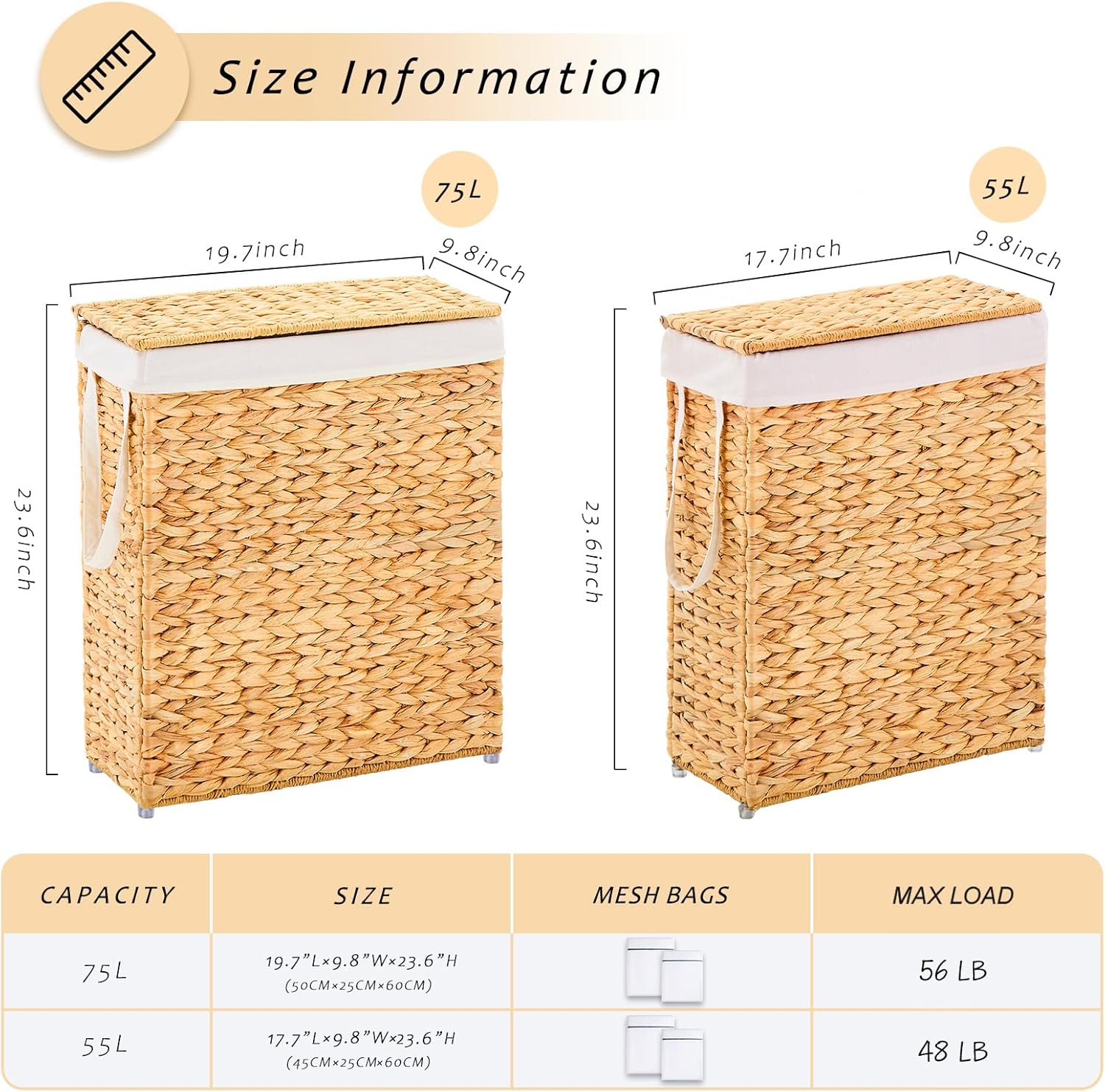 Narrow Wicker Laundry Basket / Hyacinth with Lid / 55L / Natural