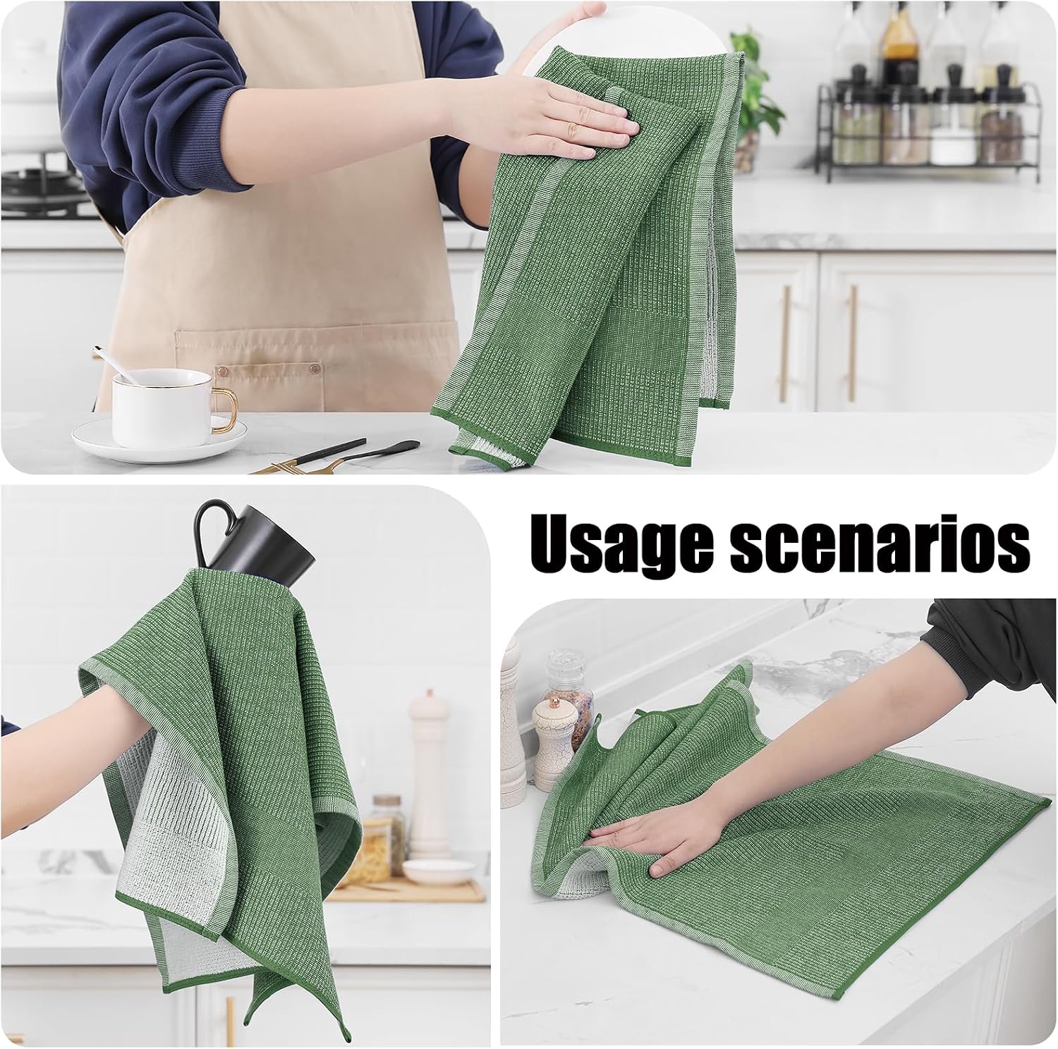 Homaxy 380 GSM Cotton Premium Kitchen Towels 6 Pack, 18"x 28", Grass Green | Flat and Terry Dish Towels, Highly