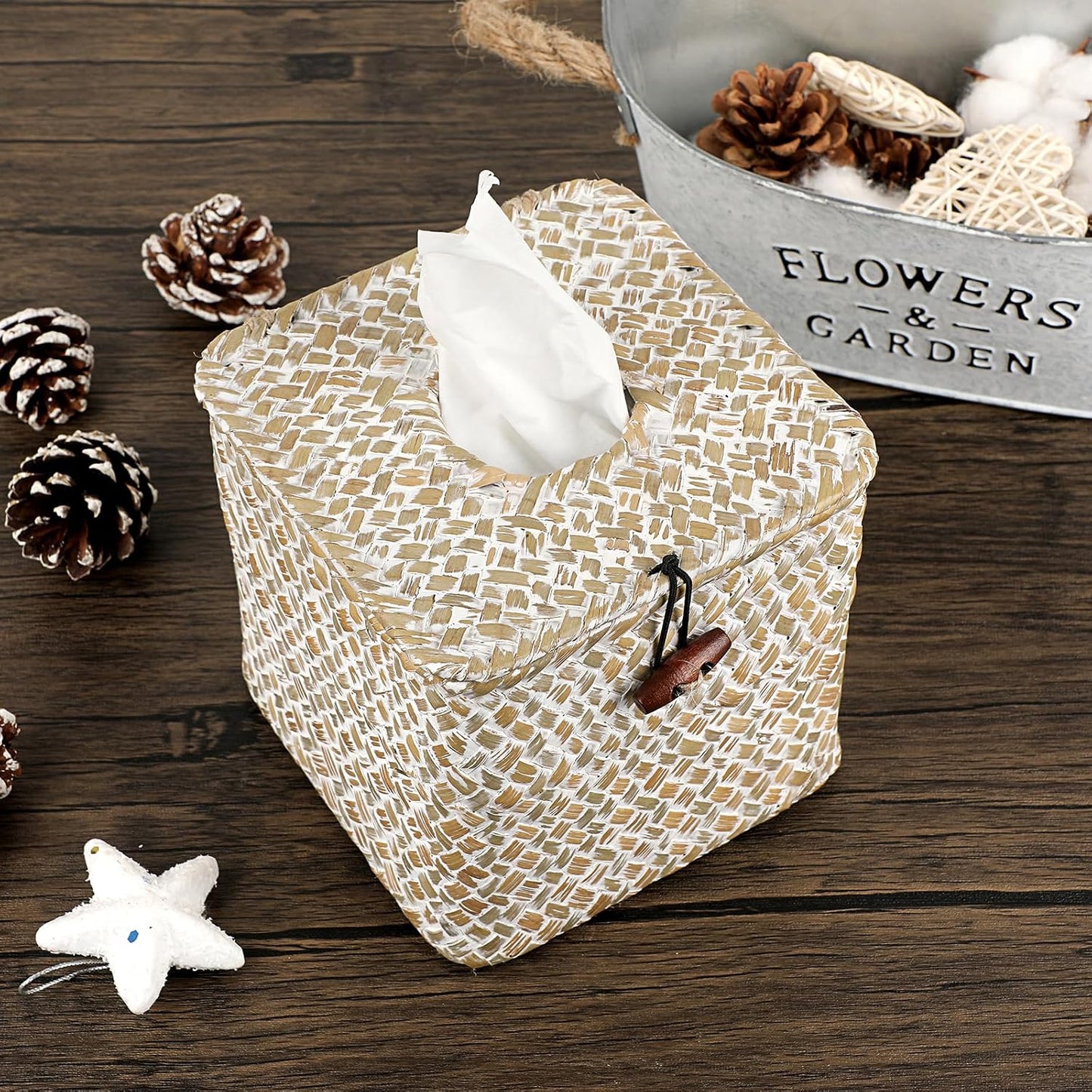 Woven Tissue Box Holder Rustic Cube Tissue Cover / Whitewash / Seagrass