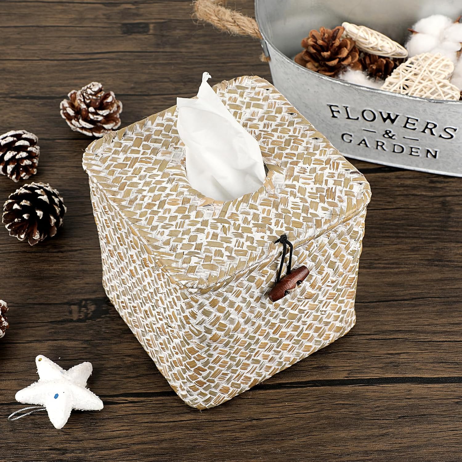 Woven Tissue Box Holder Rustic Cube Tissue Cover / Whitewash / Seagrass