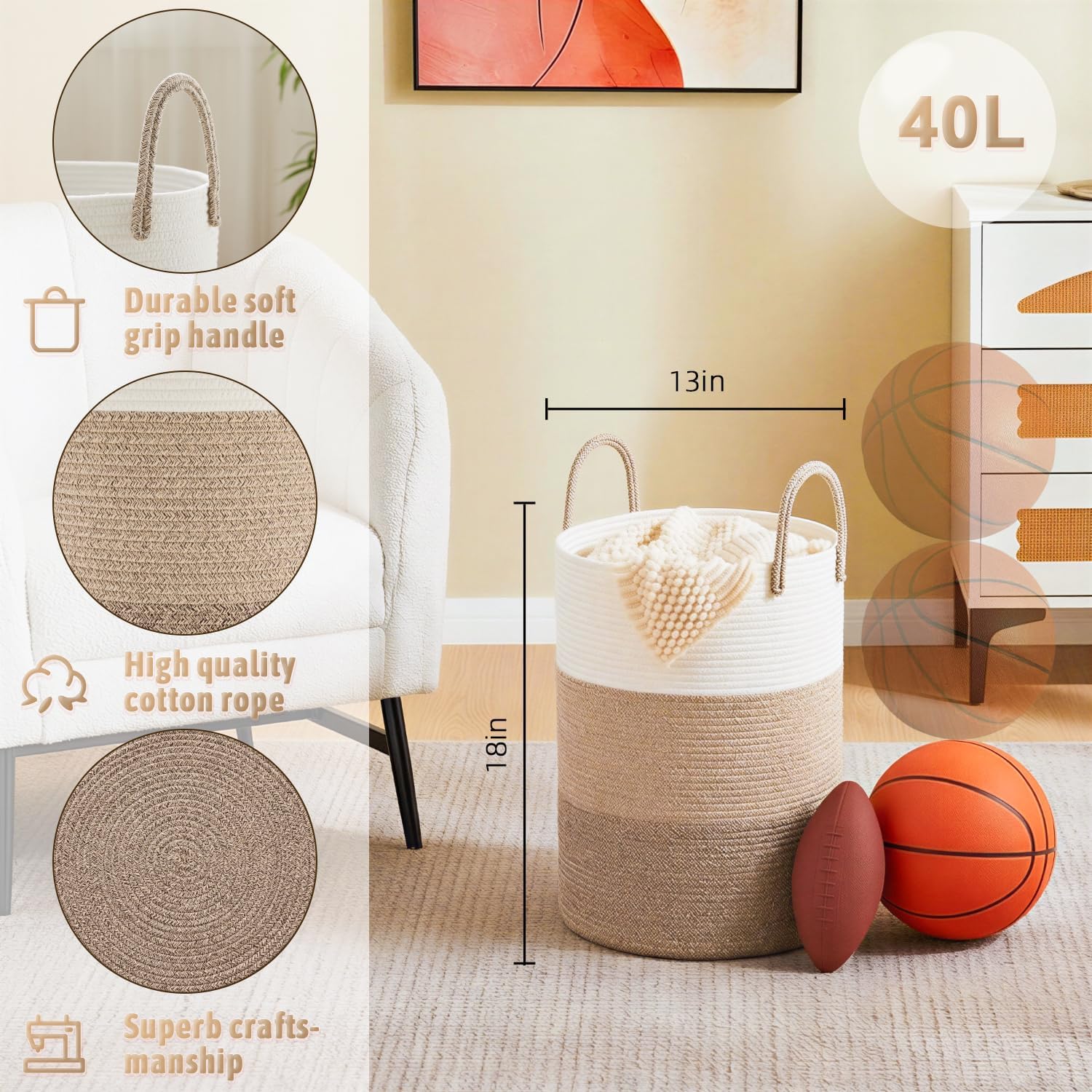 Laundry Basket / Woven Cotton Rope Laundry Hamper / Brown & White / 40L