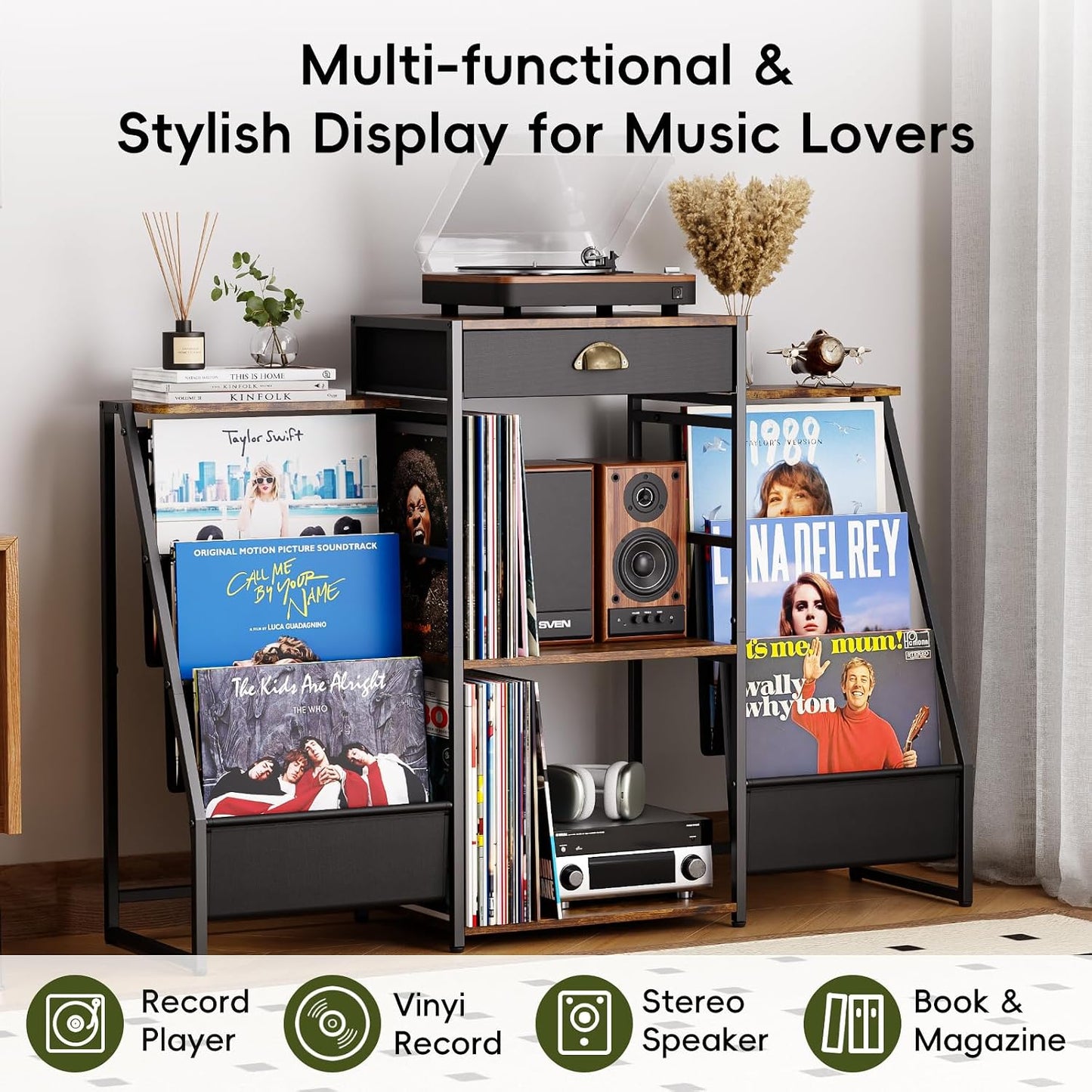 Record Player Stand with Vinyl Storage – Record Table with Holder,6-Bin Vinyl Storage Rack & Drawer, Dual Side Display