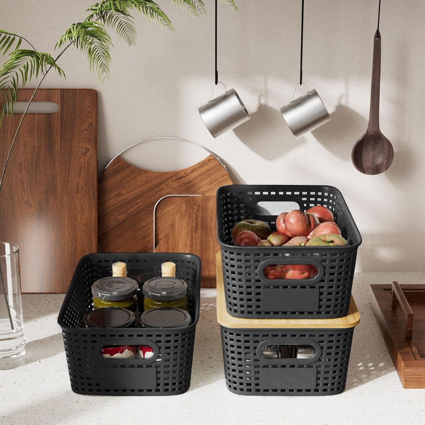 Storage Bins / Stackable Plastic Storage Basket / Black / Set of 6