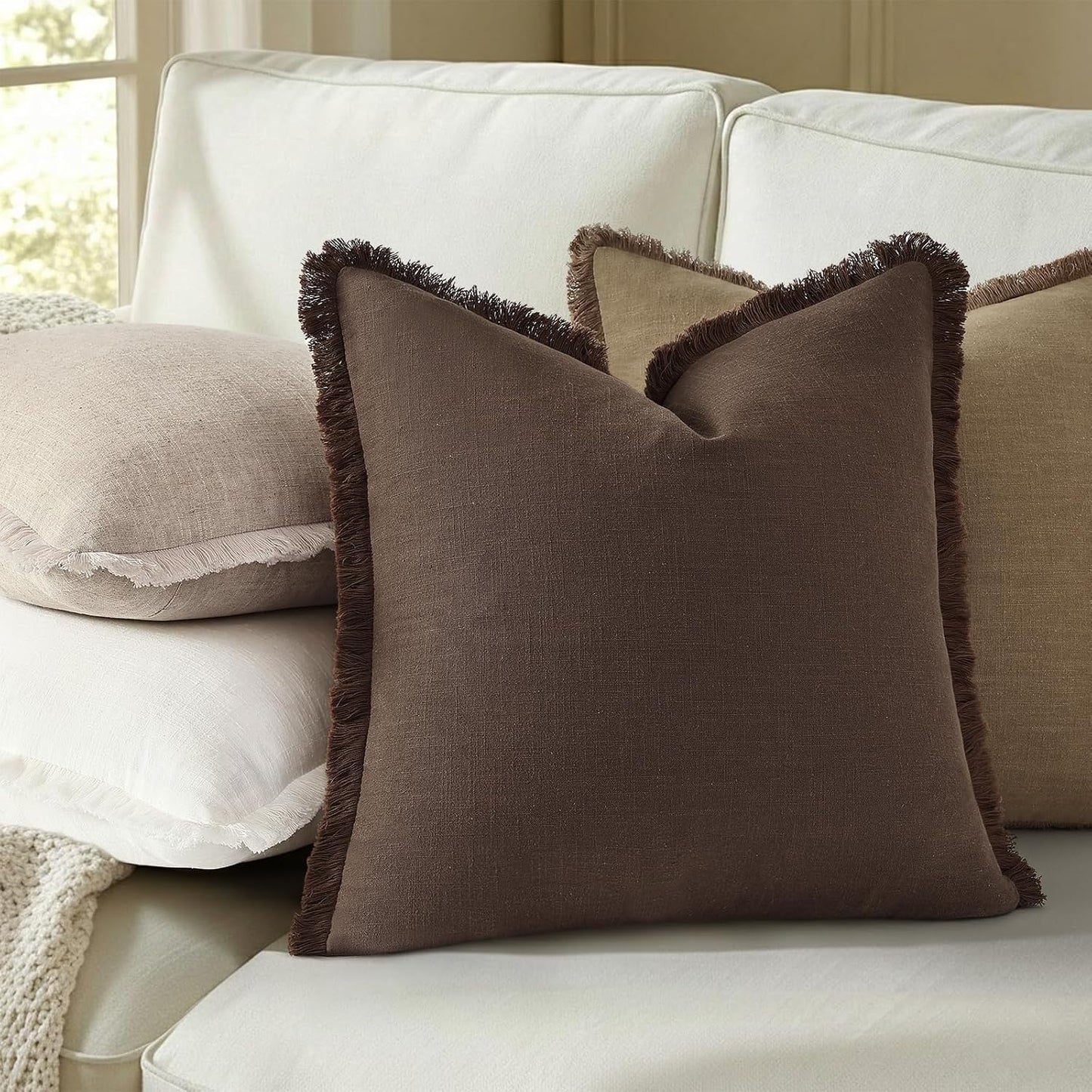 Summer Decorative Neutral Linen Fringe Throw Pillow Covers Pillow / Chocolate / 18 x 18 / Set of 2
