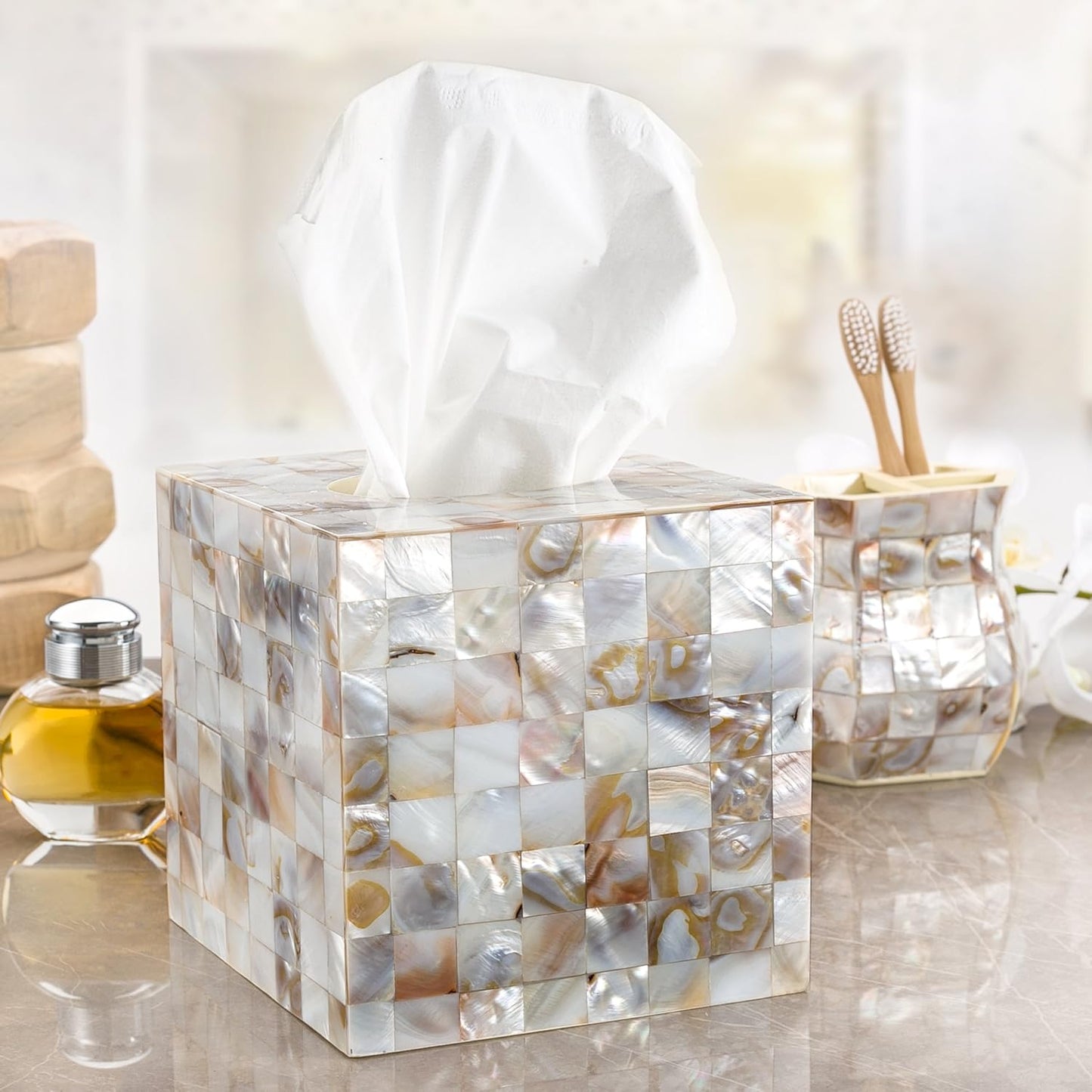 Milano Mother of Pearl Square Resin Tissue Box Cover / Square Tissue Box Cover