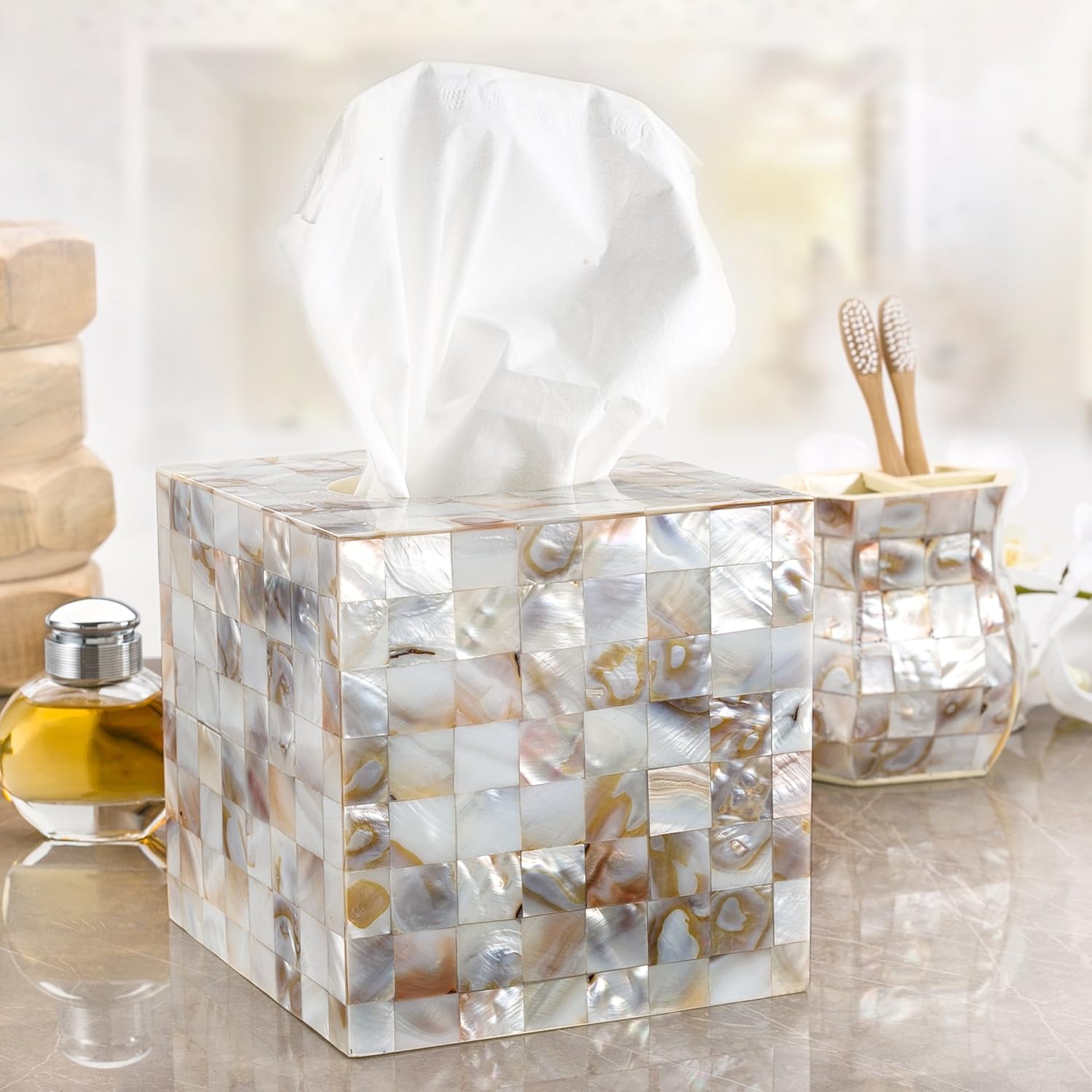 Milano Mother of Pearl Square Resin Tissue Box Cover / Square Tissue Box Cover