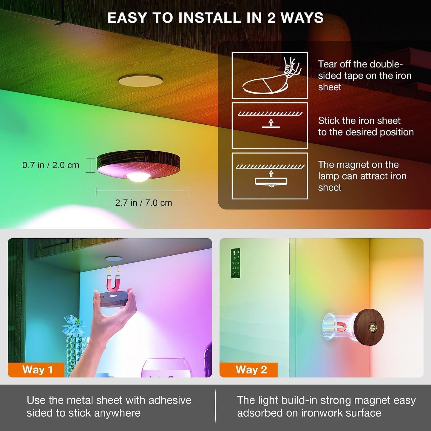 UNUSROOM Rechargeable RGB Puck Lights with Remote Control, Wireless Under Cabinet Lighting,13 Color Changing Lights