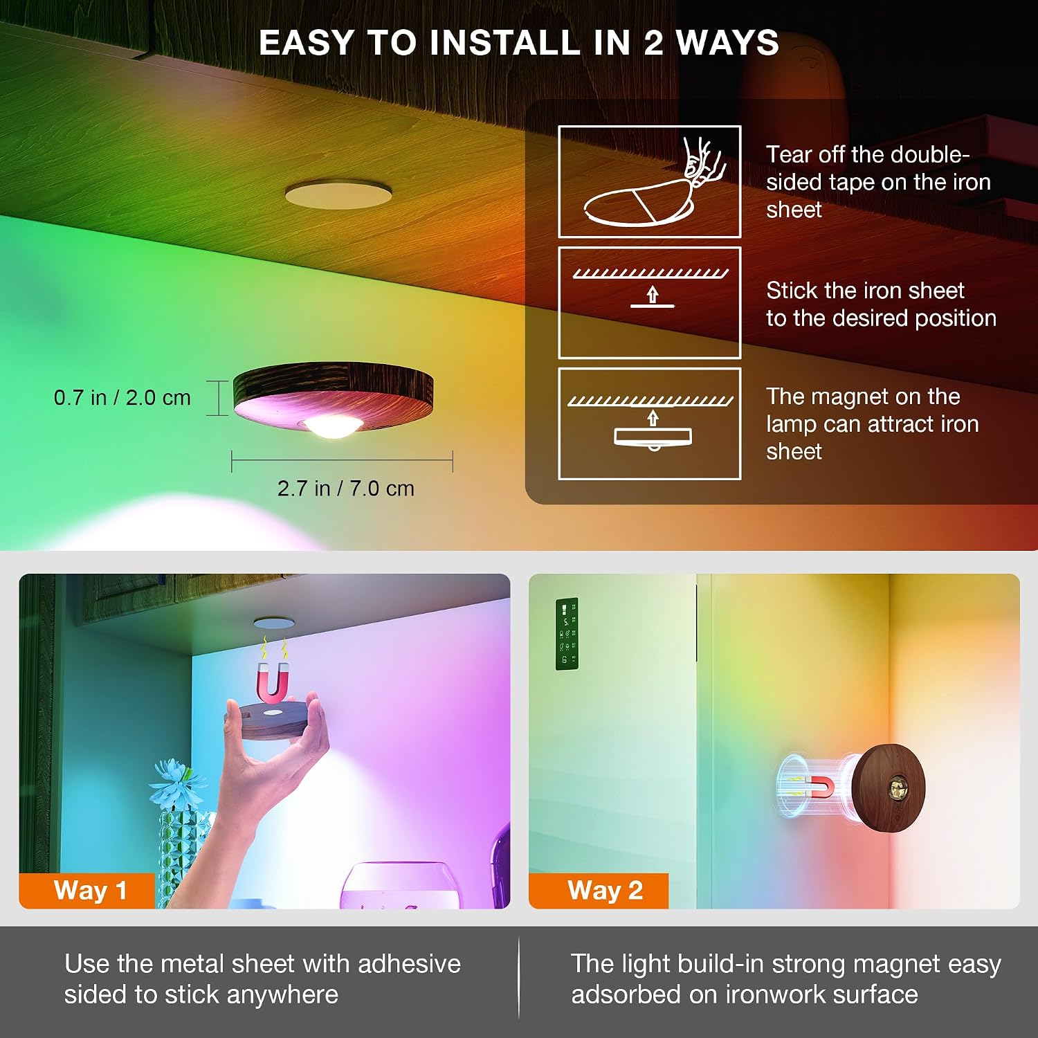 UNUSROOM Rechargeable RGB Puck Lights with Remote Control, Wireless Under Cabinet Lighting,13 Color Changing Lights