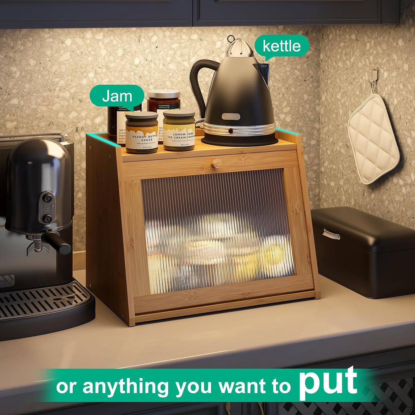 kiplant Large Bread Box for Kitchen Counter, Bamboo Bread Storage Container with Wavy Arcylic Transparent Door, Bamboo