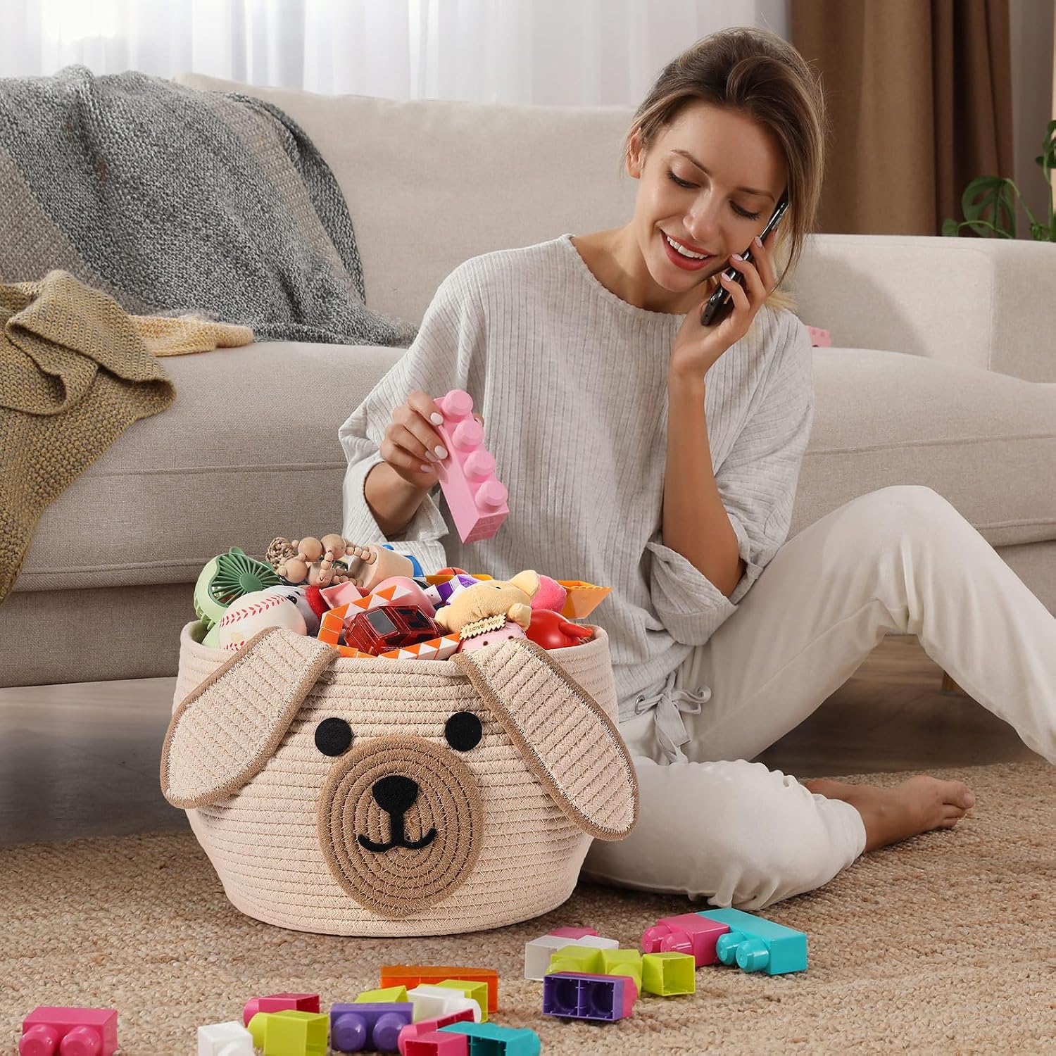 Dog Woven Basket Woven Cotton Rope Puppy Animal Storage Basket for Laundry Toy Gift / Khaki / 13 x 8